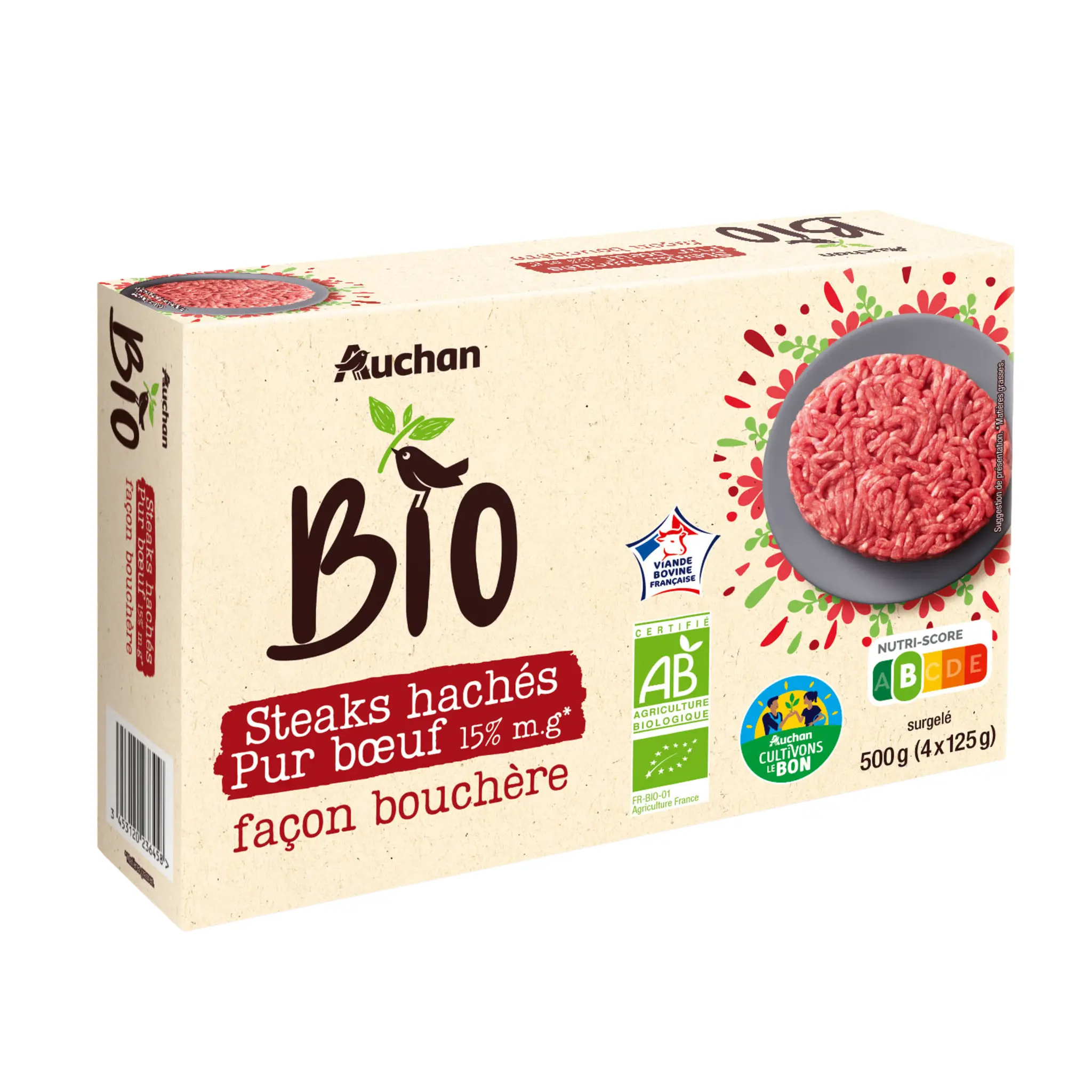 AUCHAN BIO CULTIVONS LE BON Steaks hachés pur boeuf 15%MG façon bouchère