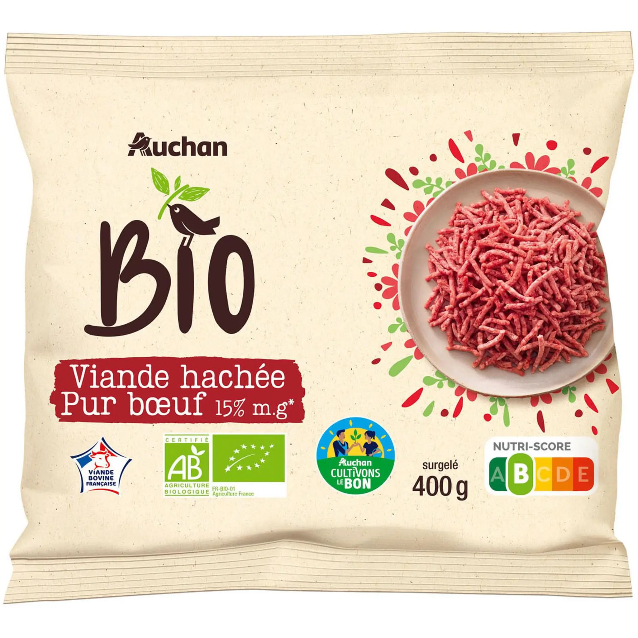 AUCHAN BIO CULTIVONS LE BON Viande hachée pur bœuf 15% mg