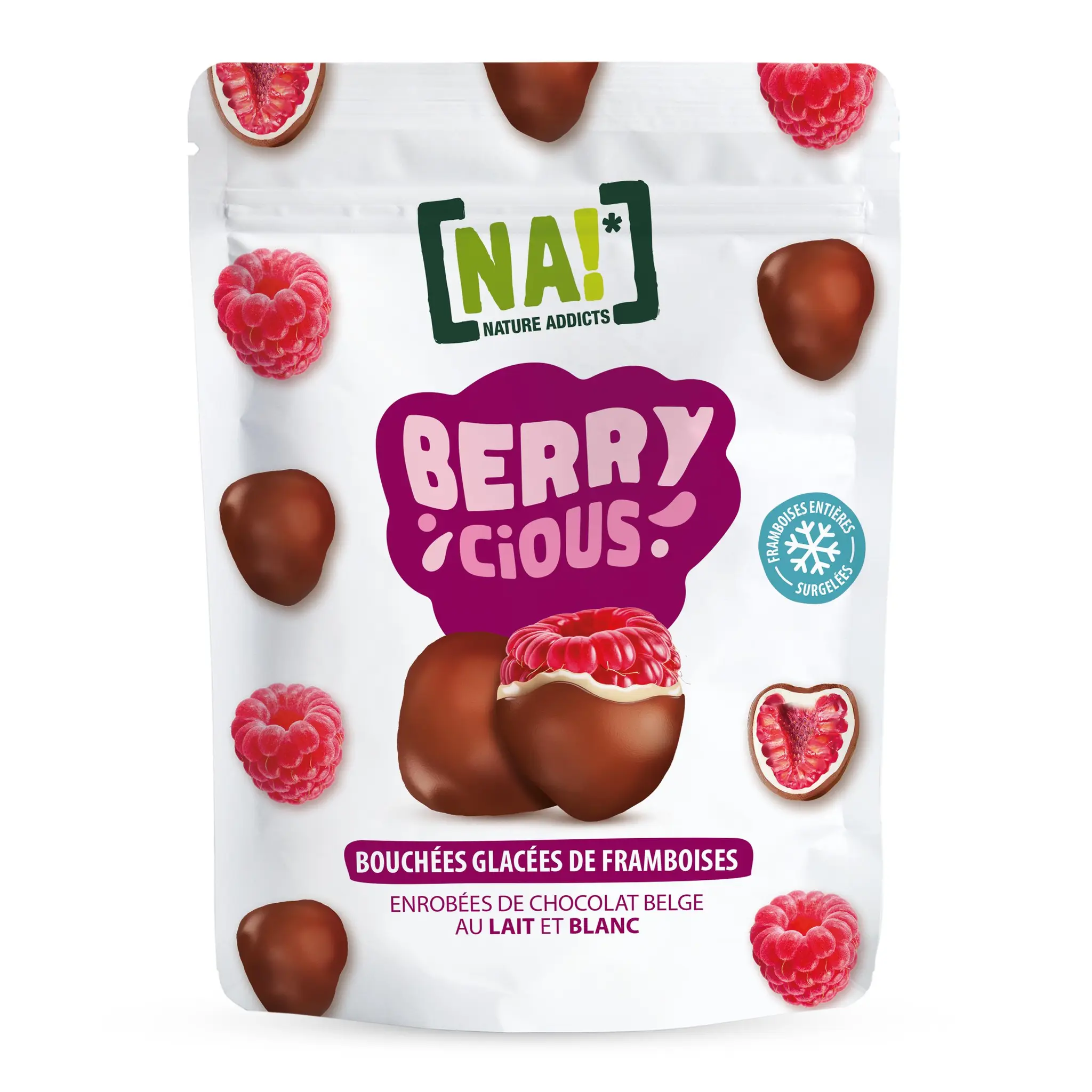 NATURE ADDICTS Framboises surgelées enrobées chocolat blanc et lait