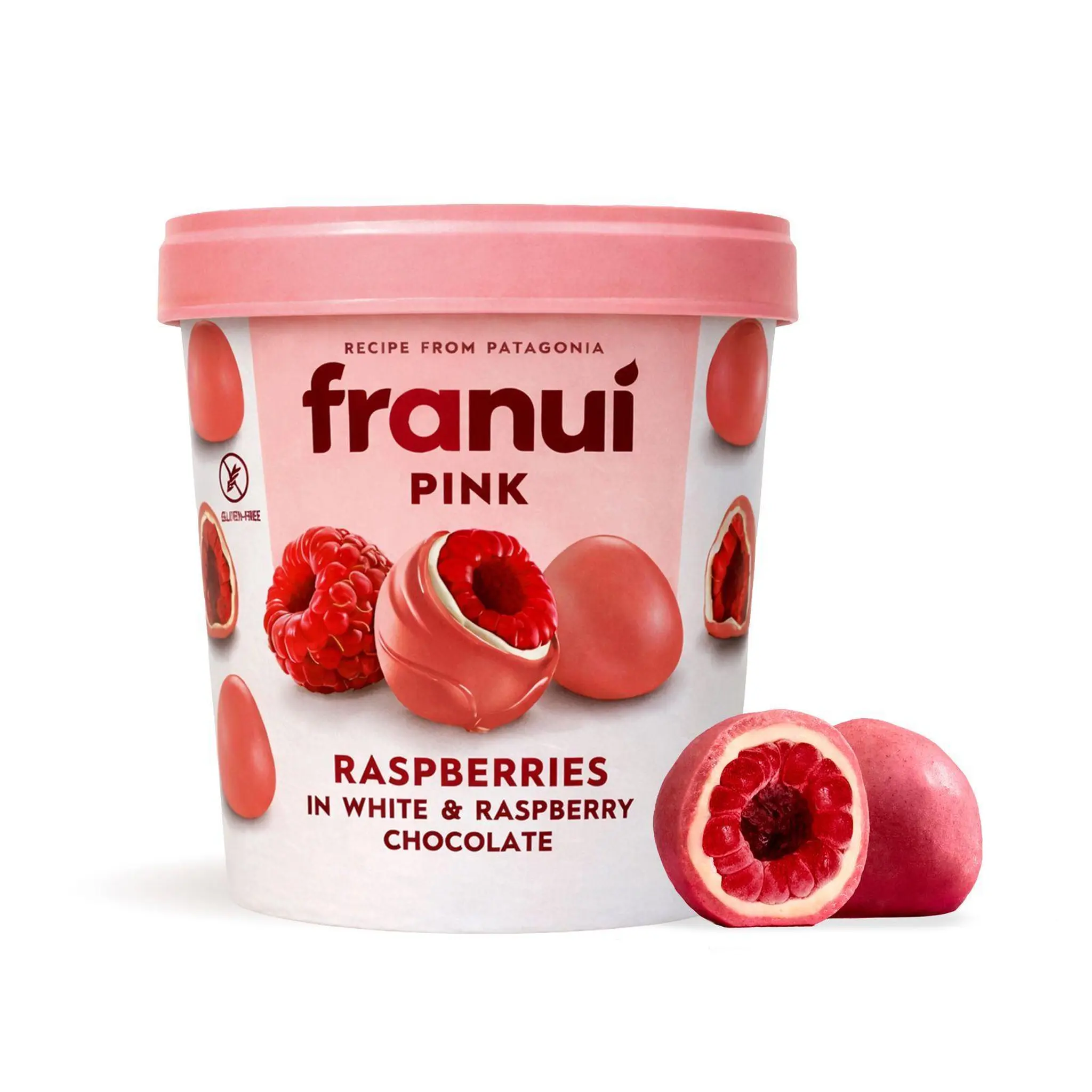 FRANUI Framboises glacés enrobées de chocolat blanc et chocolat à la framboise