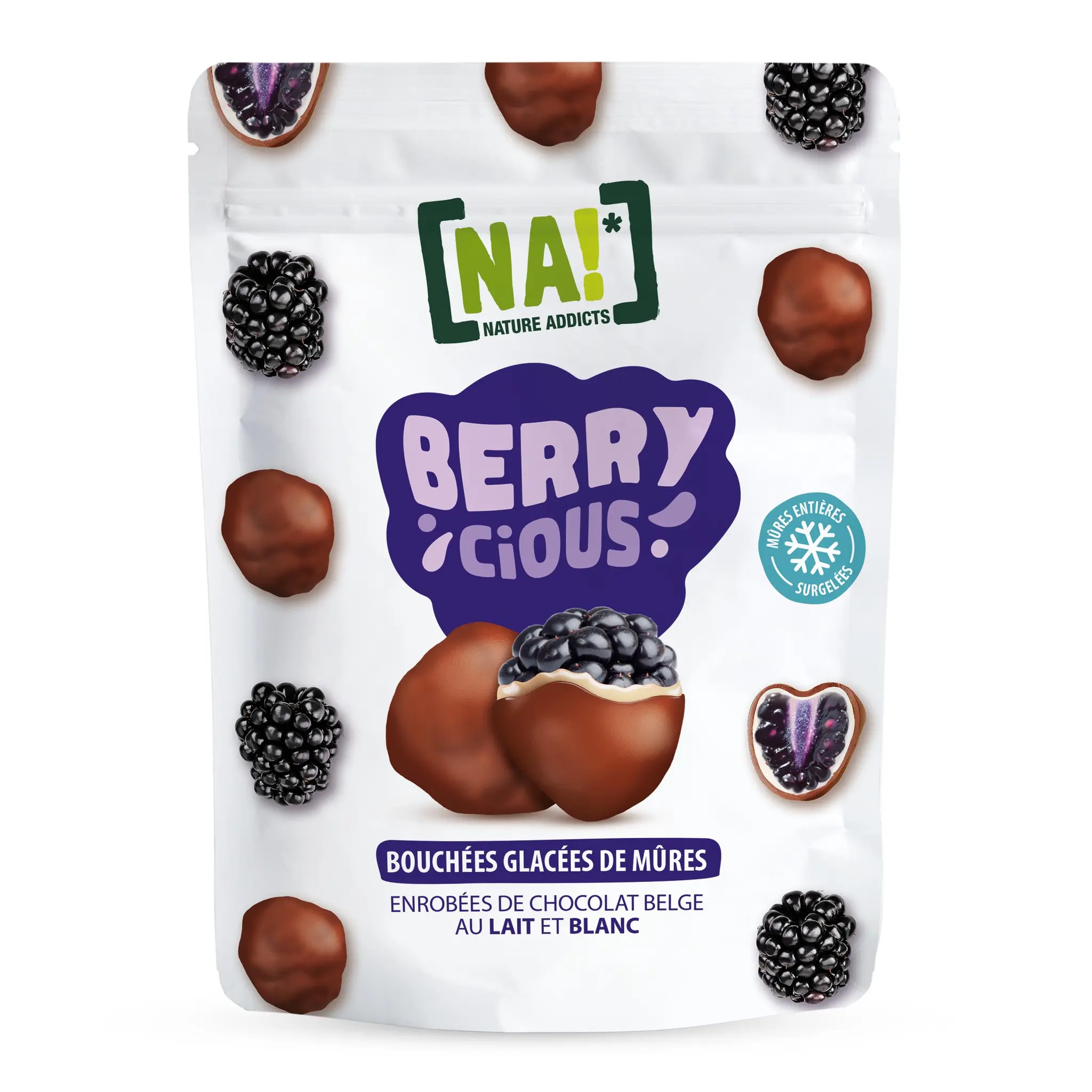 NATURE ADDICTS Mûres chocolat au lait et blanc surgelées en sachet