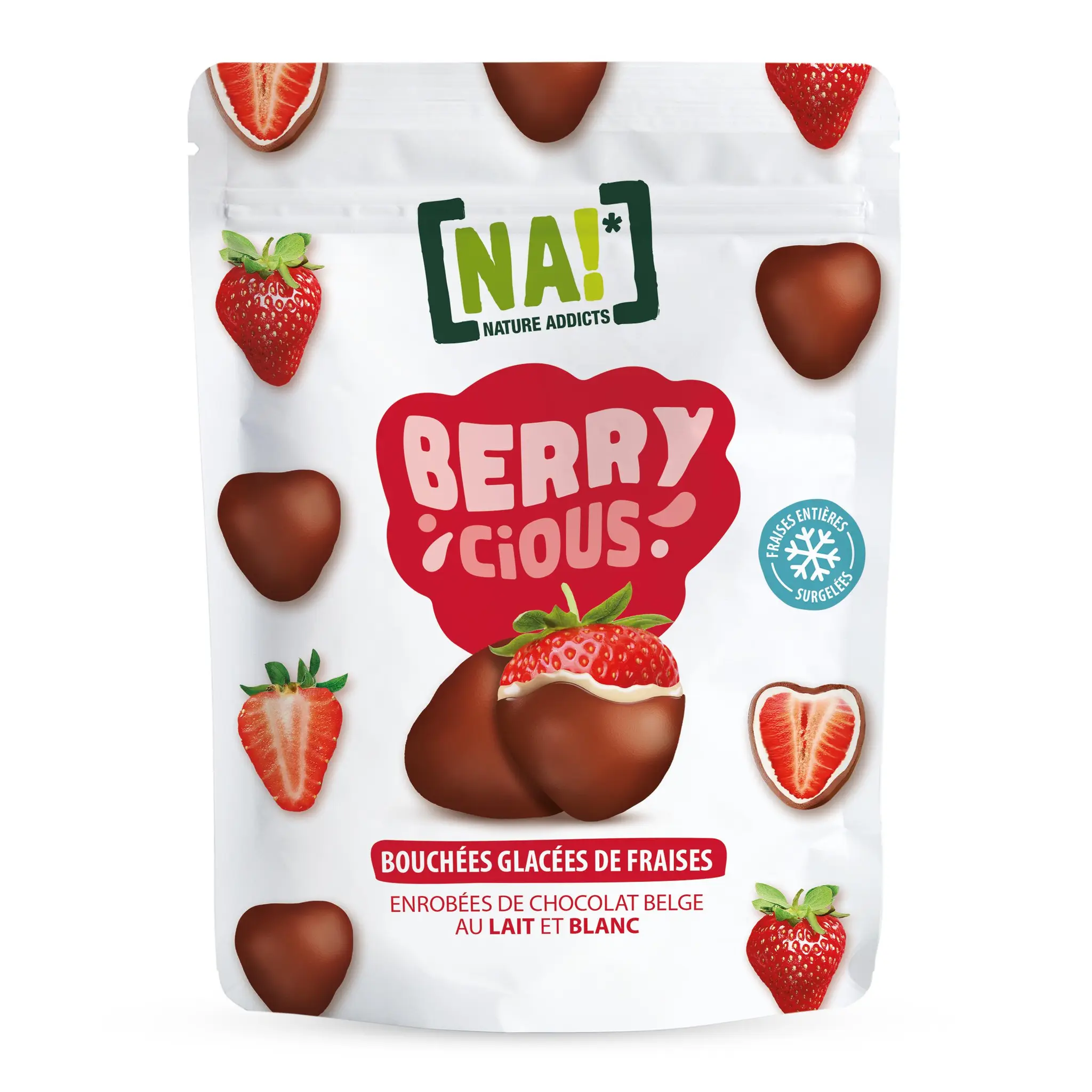 NATURE ADDICTS Fraises enrobées chocolat blanc et lait surgelées