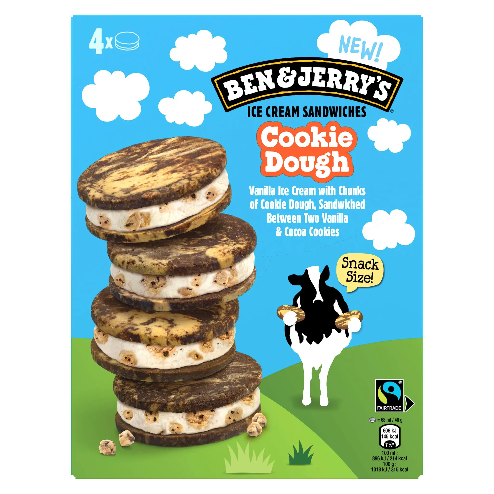 BEN & JERRY'S Glace sandwich vanille avec morceaux de pâte à cookie entre biscuits marbrés au cacao