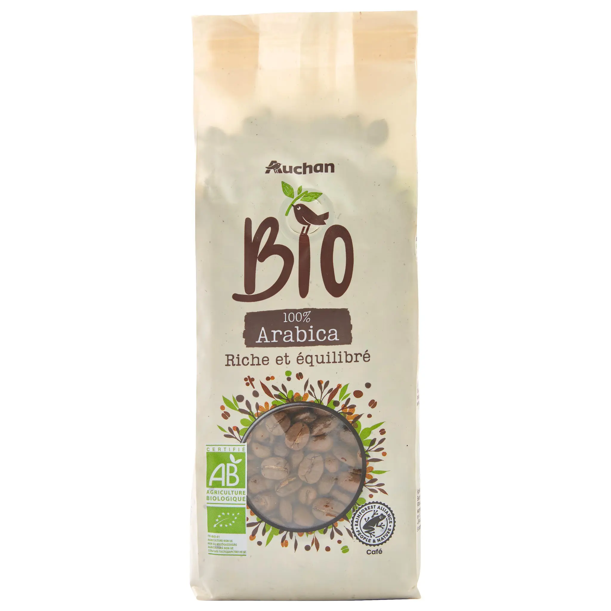 AUCHAN BIO Café en grains riche et équilibré pur arabica