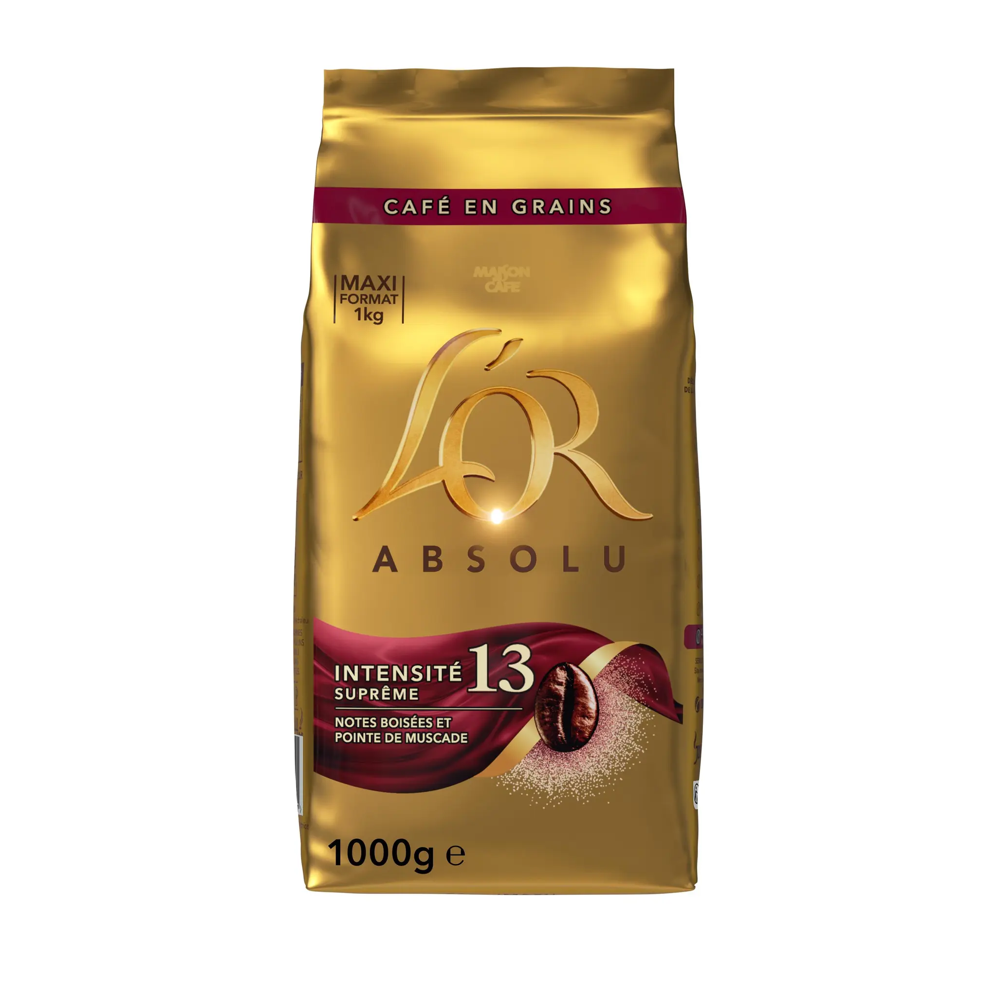 L'OR Absolu Café en grains Suprême notes boisées et pointe de muscade intensité 13