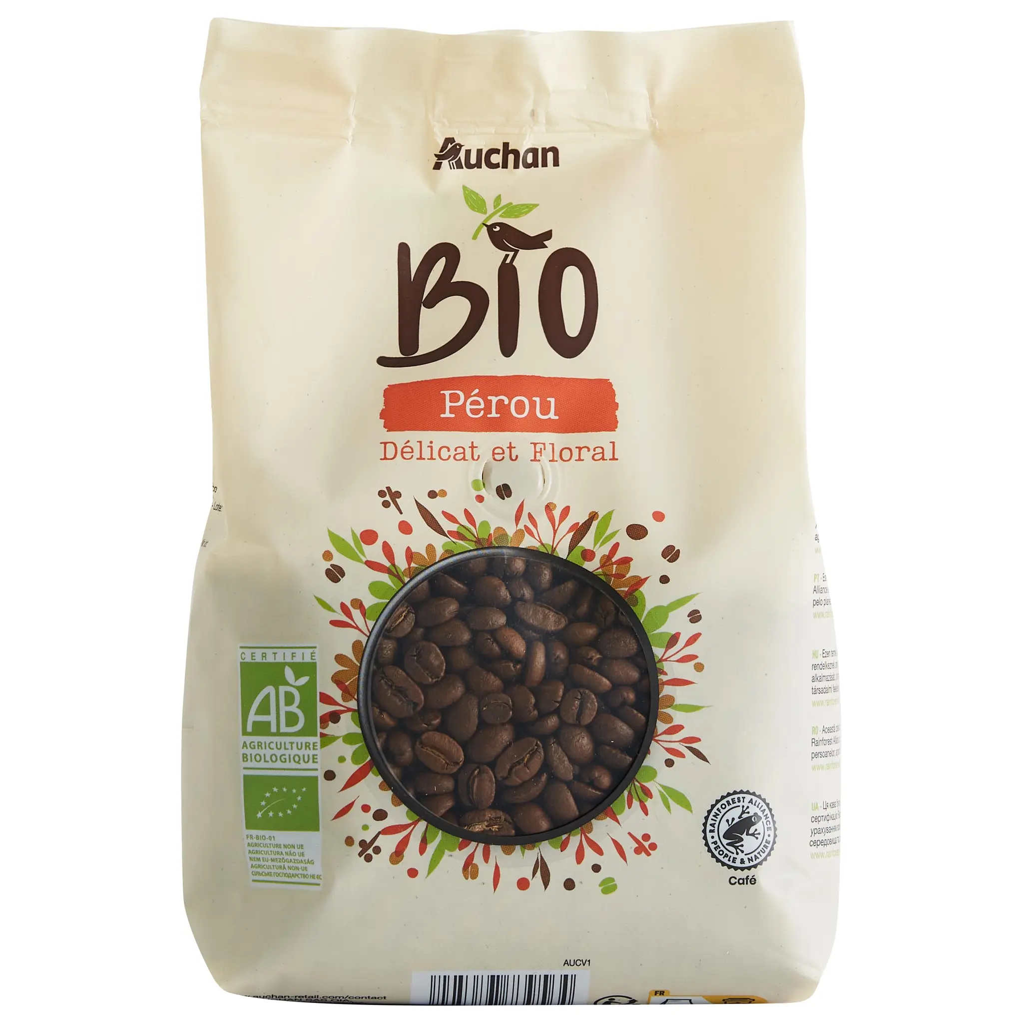 AUCHAN BIO Café en grains Pérou délicat et floral