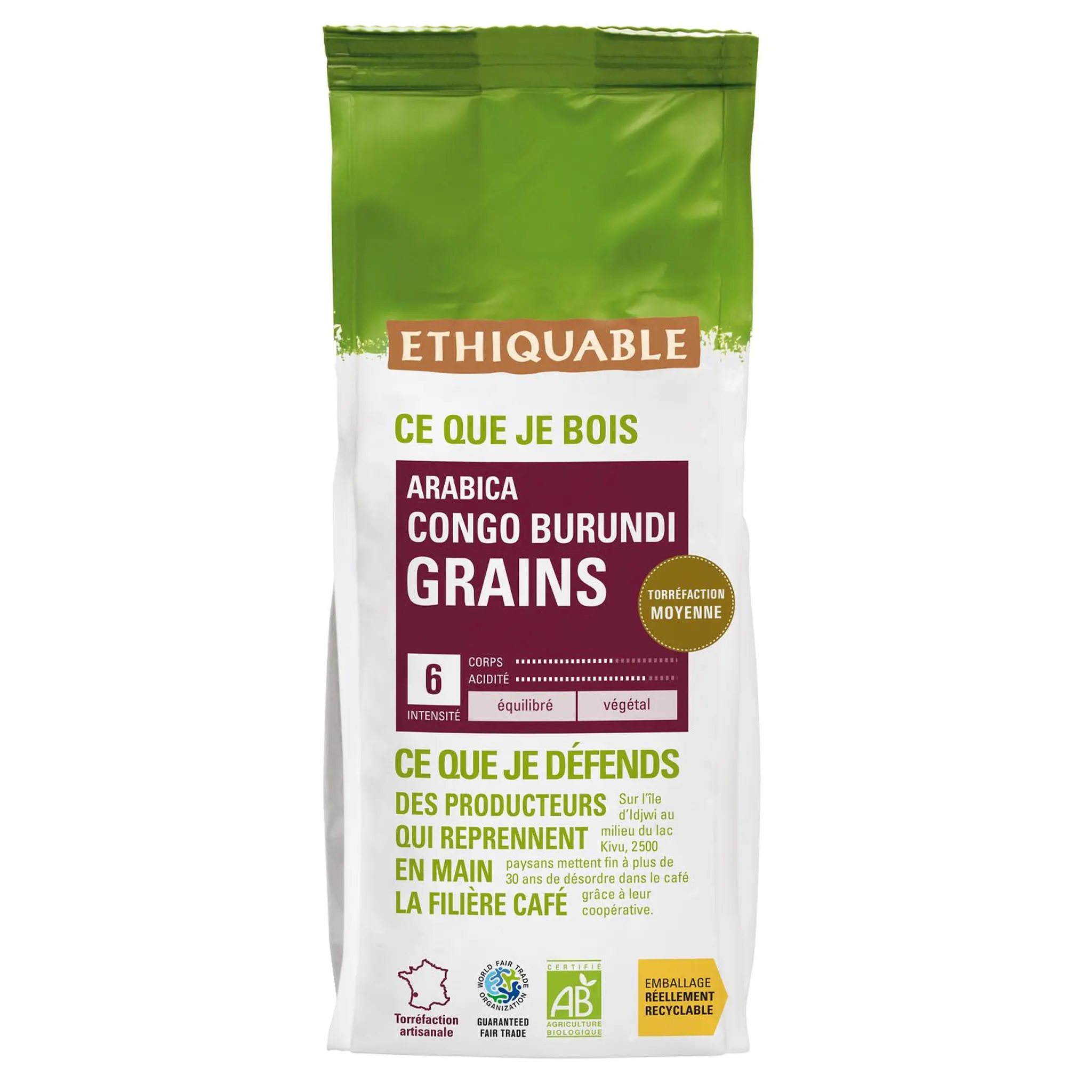 ETHIQUABLE Café bio en grains arabica Congo intensité 6