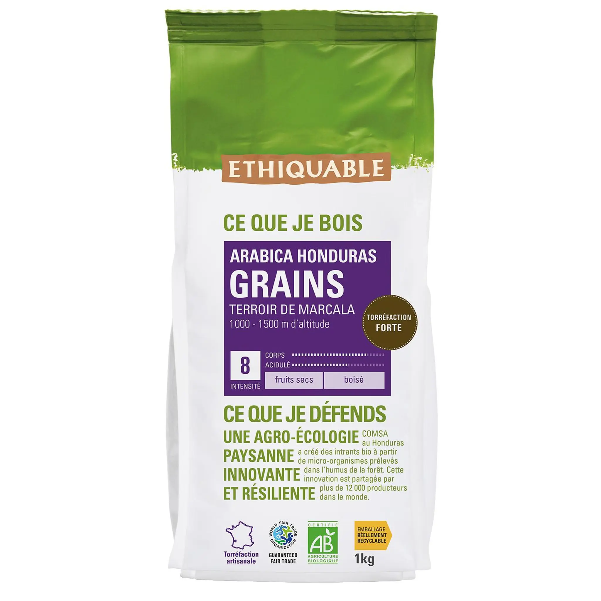 ETHIQUABLE Café en grains bio Honduras arabica intensité 4