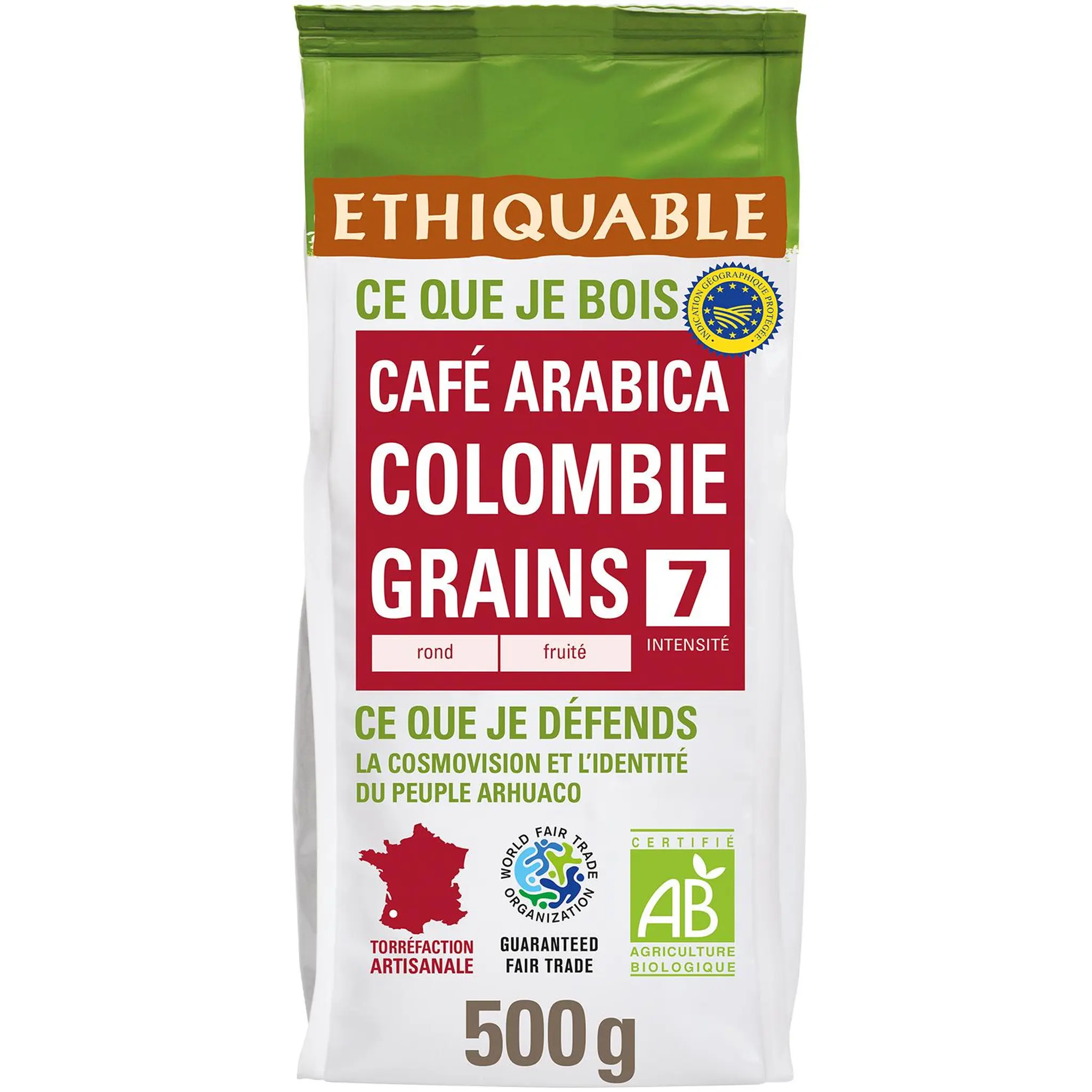 ETHIQUABLE Café bio en grains Arabica Colombie terroirs Cauca rond et fruité IGP intensité 4