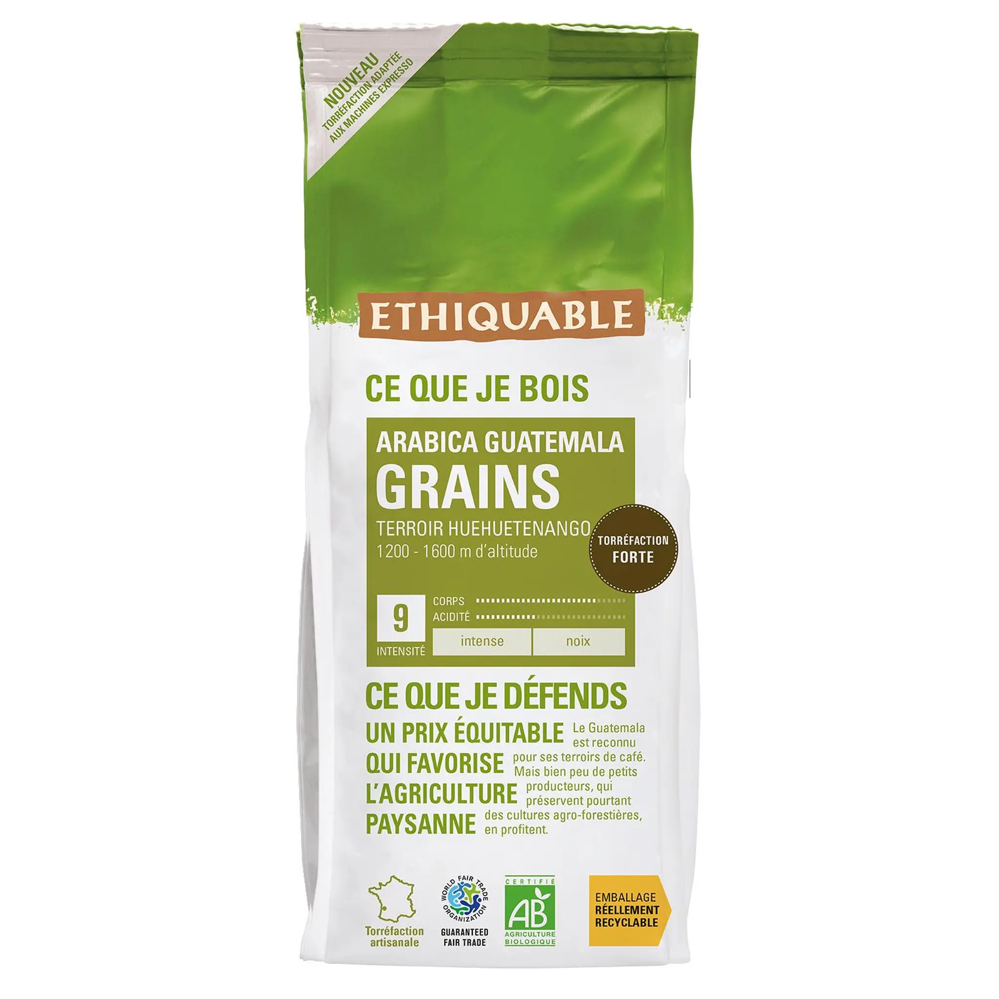 ETHIQUABLE Café en grains bio arabica Guatemala cacaoté et doux intensité 9
