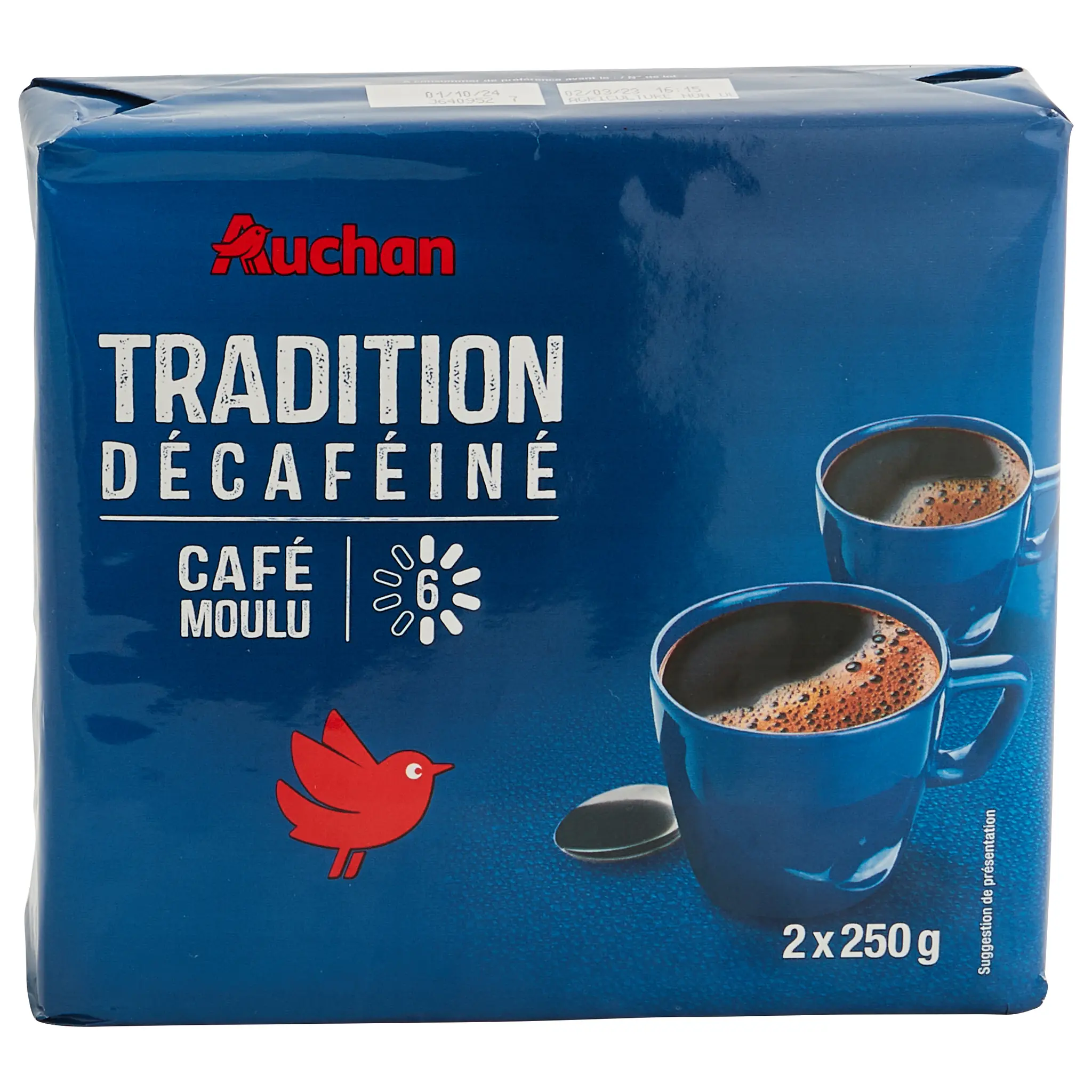 AUCHAN Café moulu tradition décaféiné intensité 6