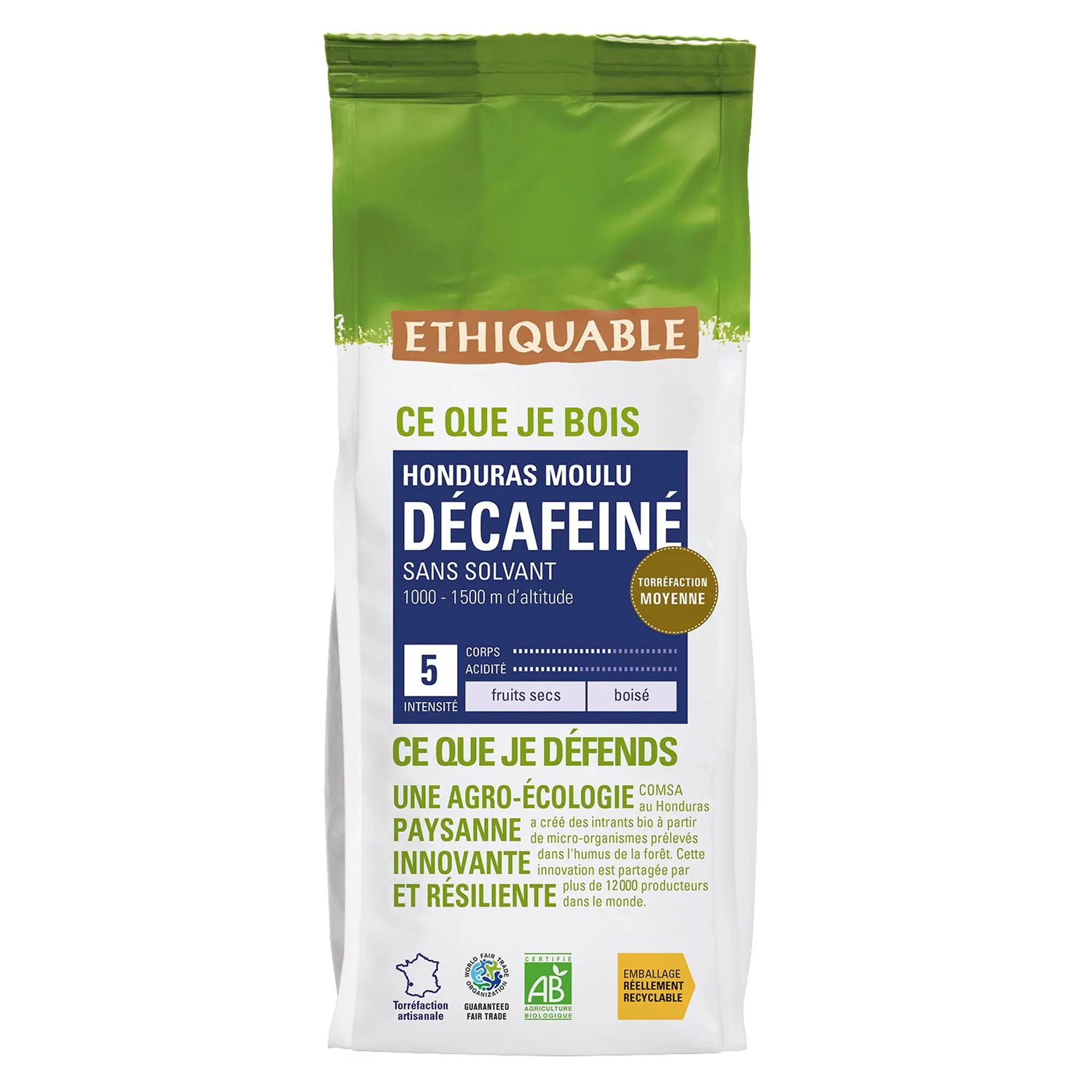 ETHIQUABLE Café Honduras moulu décaféiné intensité 5 bio