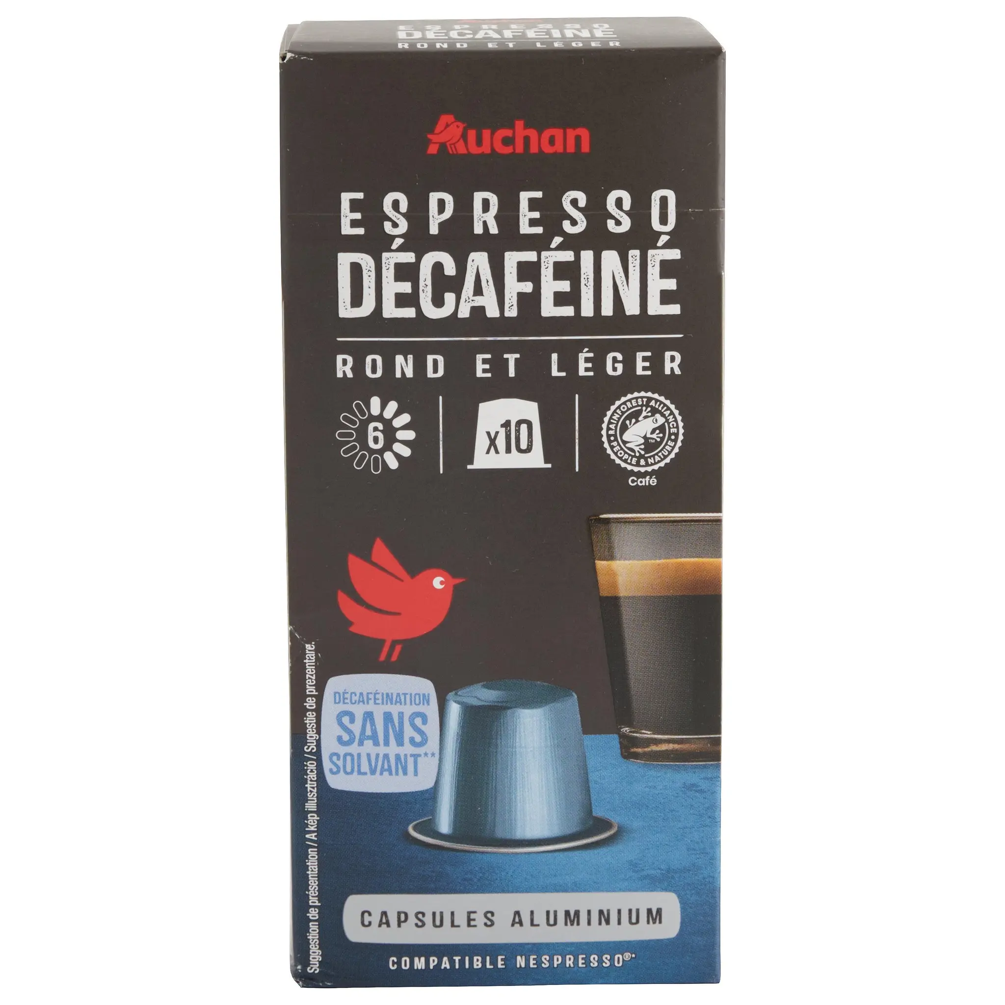 AUCHAN Capsules de café Espresso décaféiné intensité 6 compatibles Nespresso