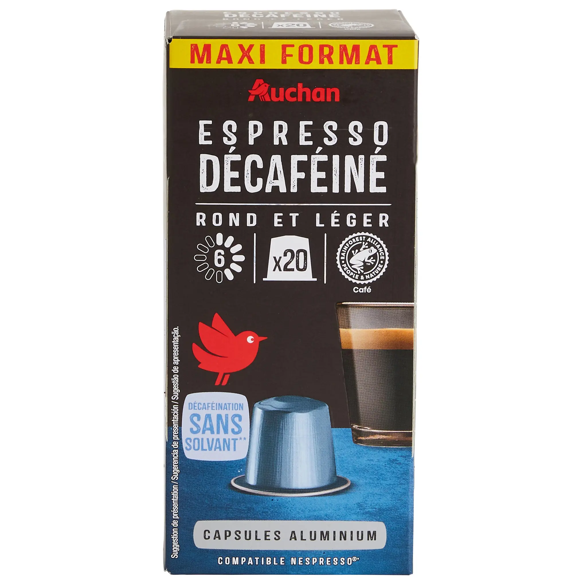 AUCHAN Capsules de café espresso décaféiné intensité 6 compatibles Nespresso