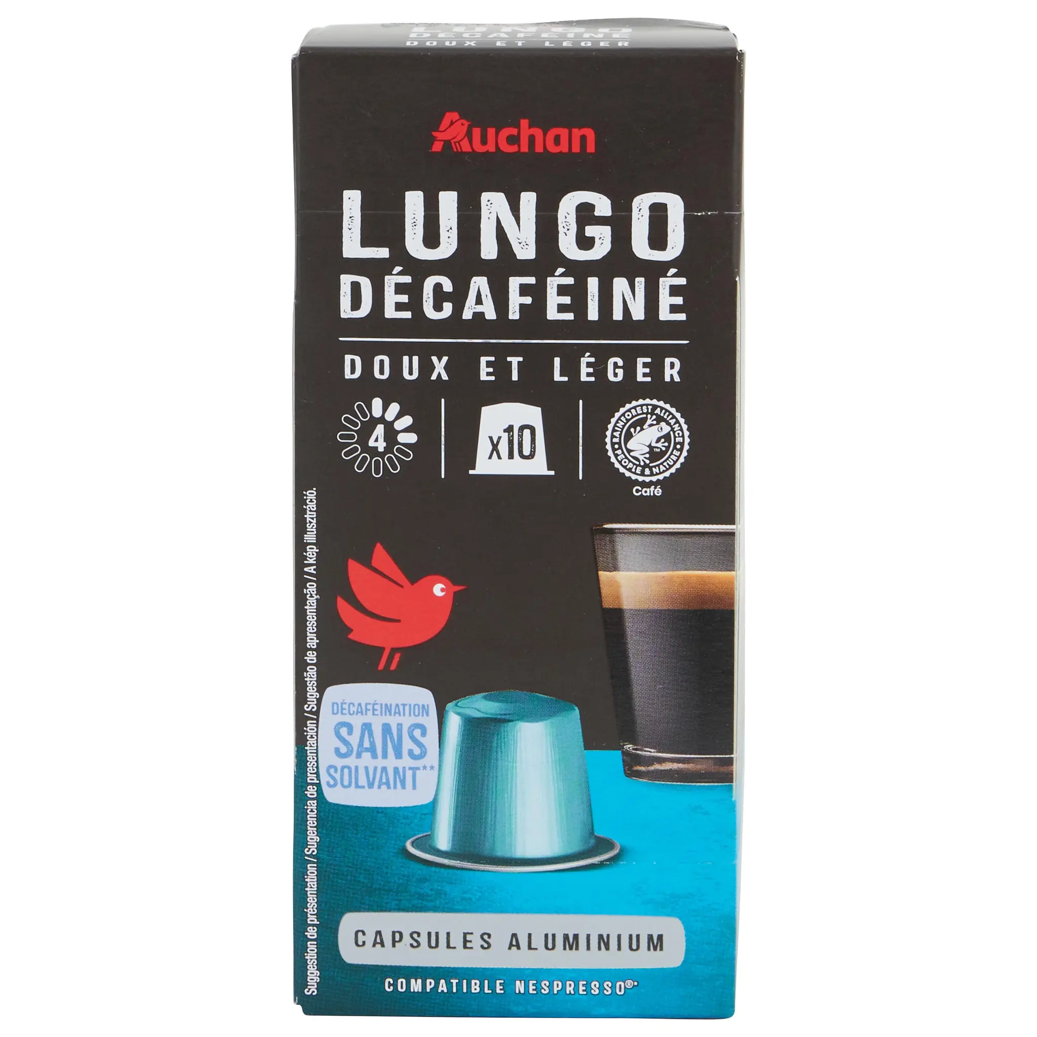 AUCHAN Capsules de café Lungo décaféiné intensité 4 compatibles Nespresso
