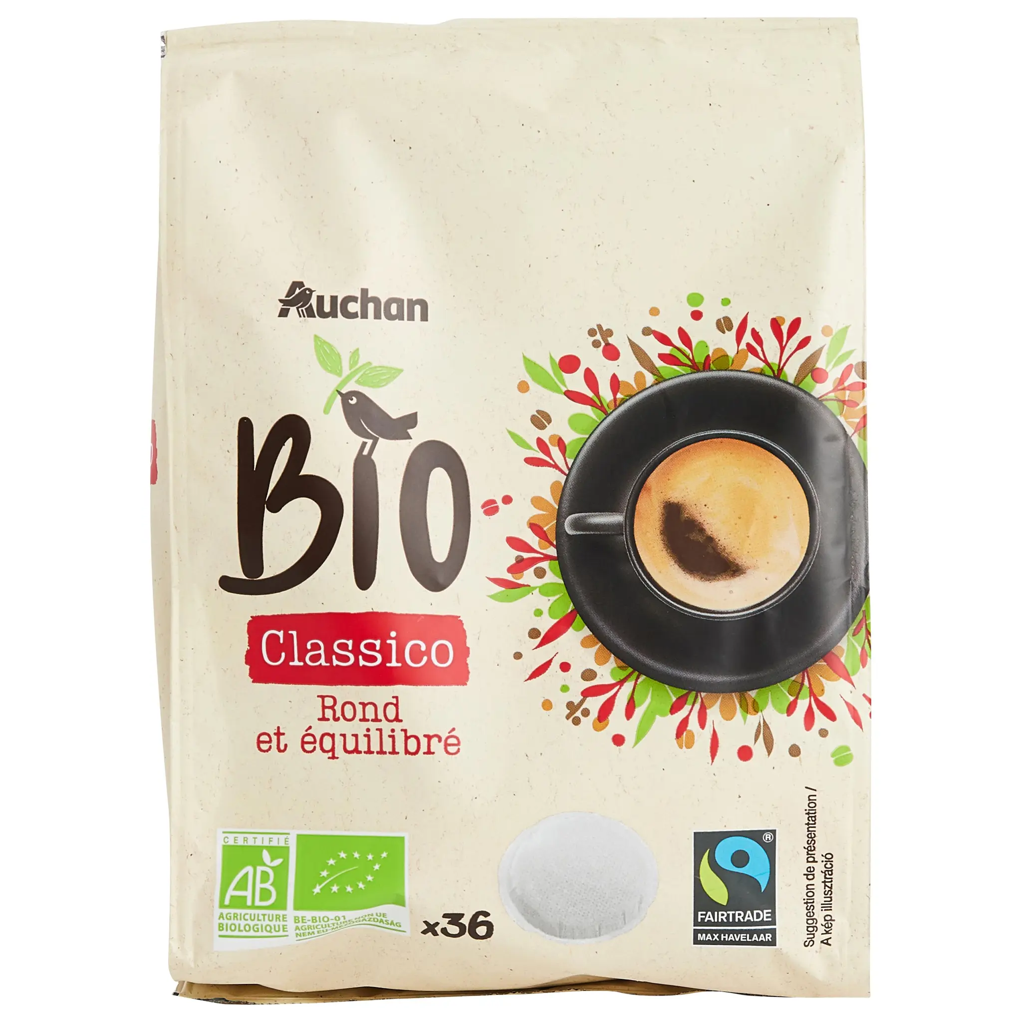 AUCHAN BIO Dosettes de café classico rond et équilibré compatibles Senseo
