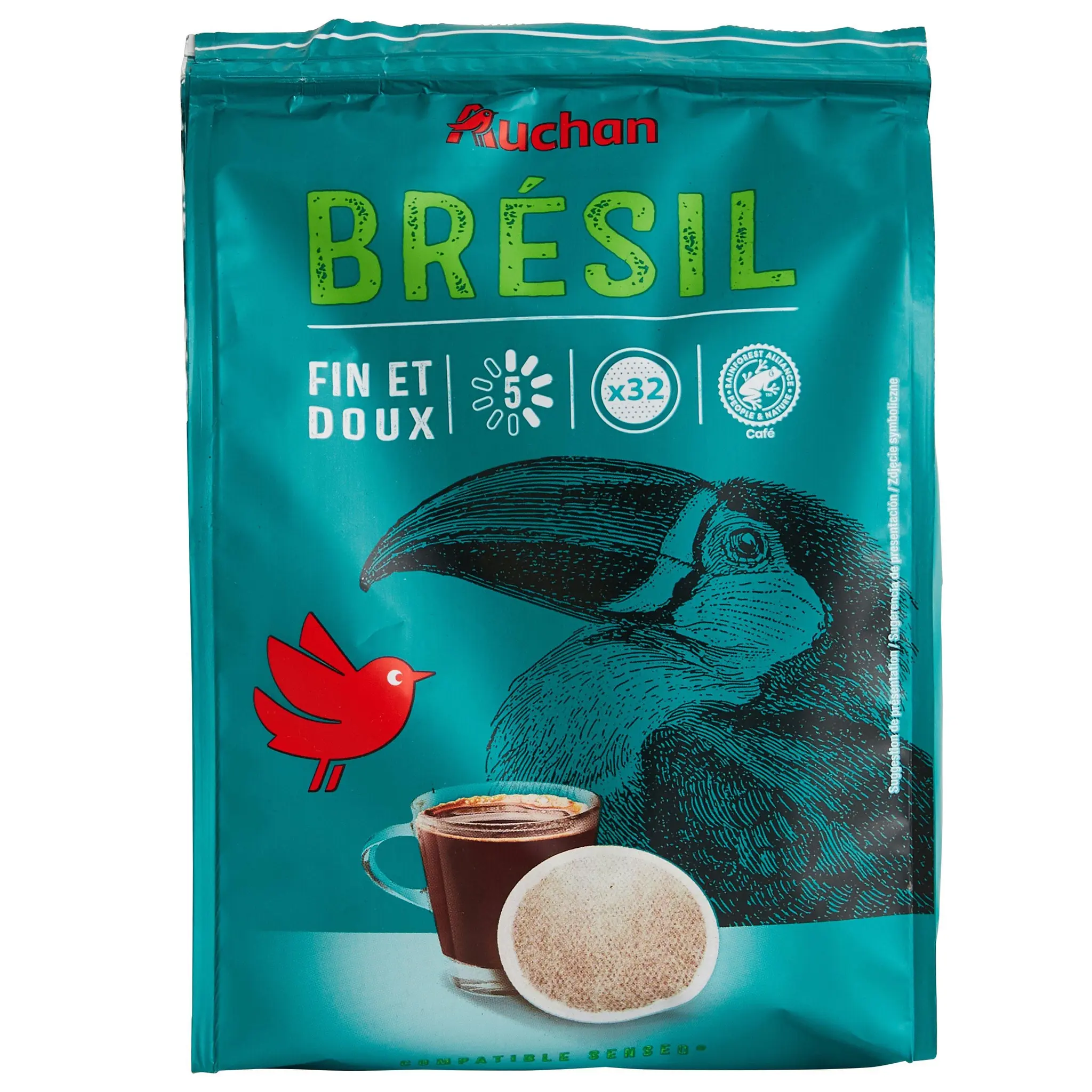 AUCHAN Café en dosettes sensation Brazil intensité 5 fin et doux compatibles Senseo