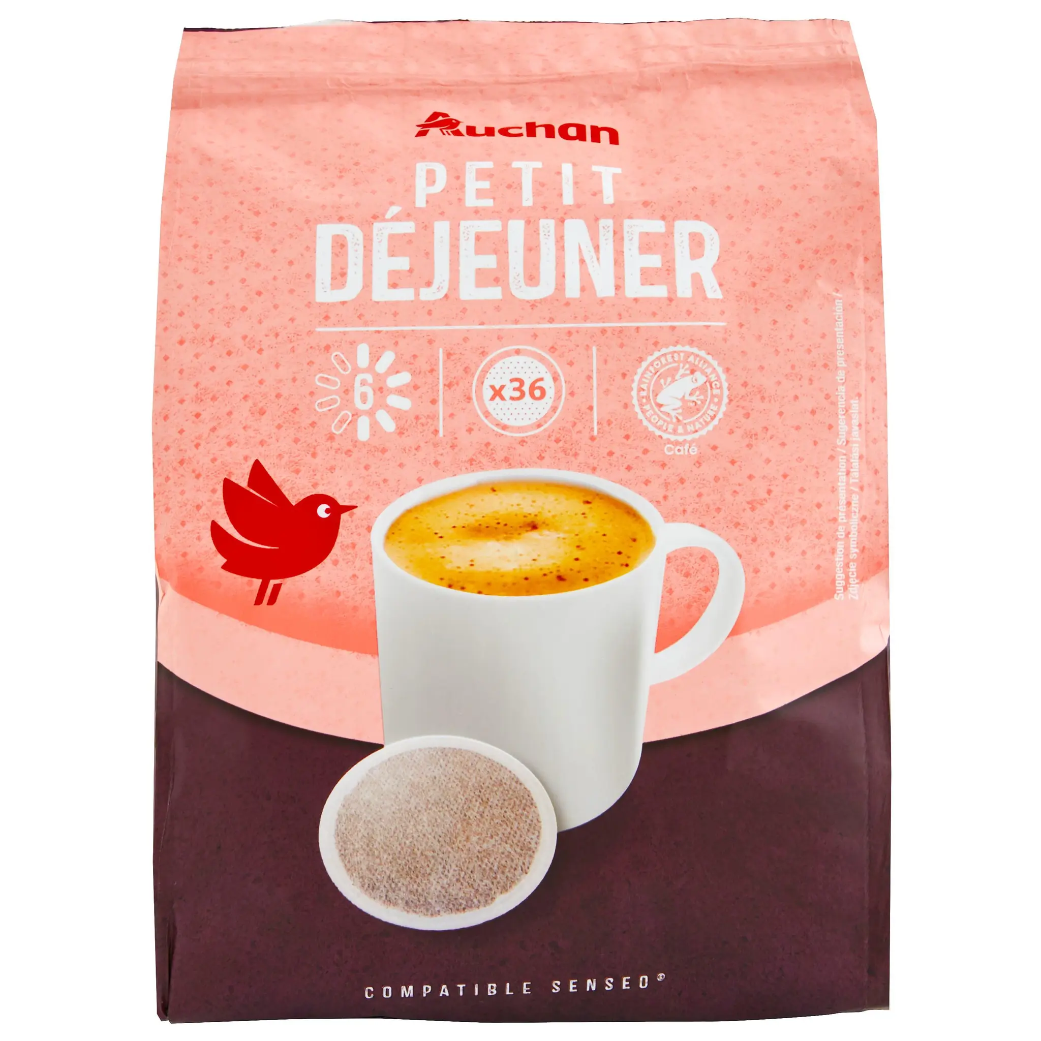 AUCHAN Dosettes de café petit déjeuner intensité 6 compatibles Senseo