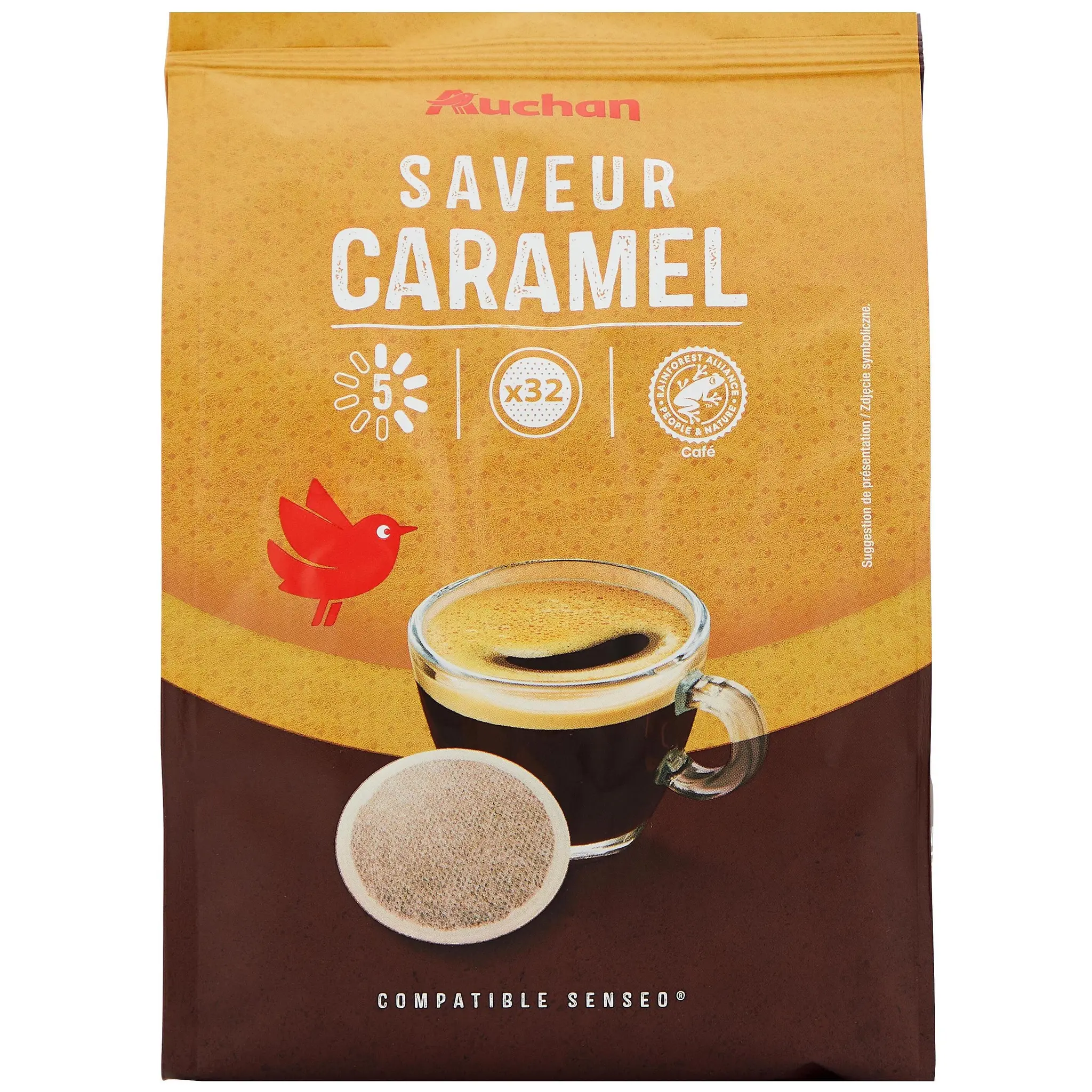 AUCHAN Dosettes de café saveur caramel intensité 5 compatibles Senseo