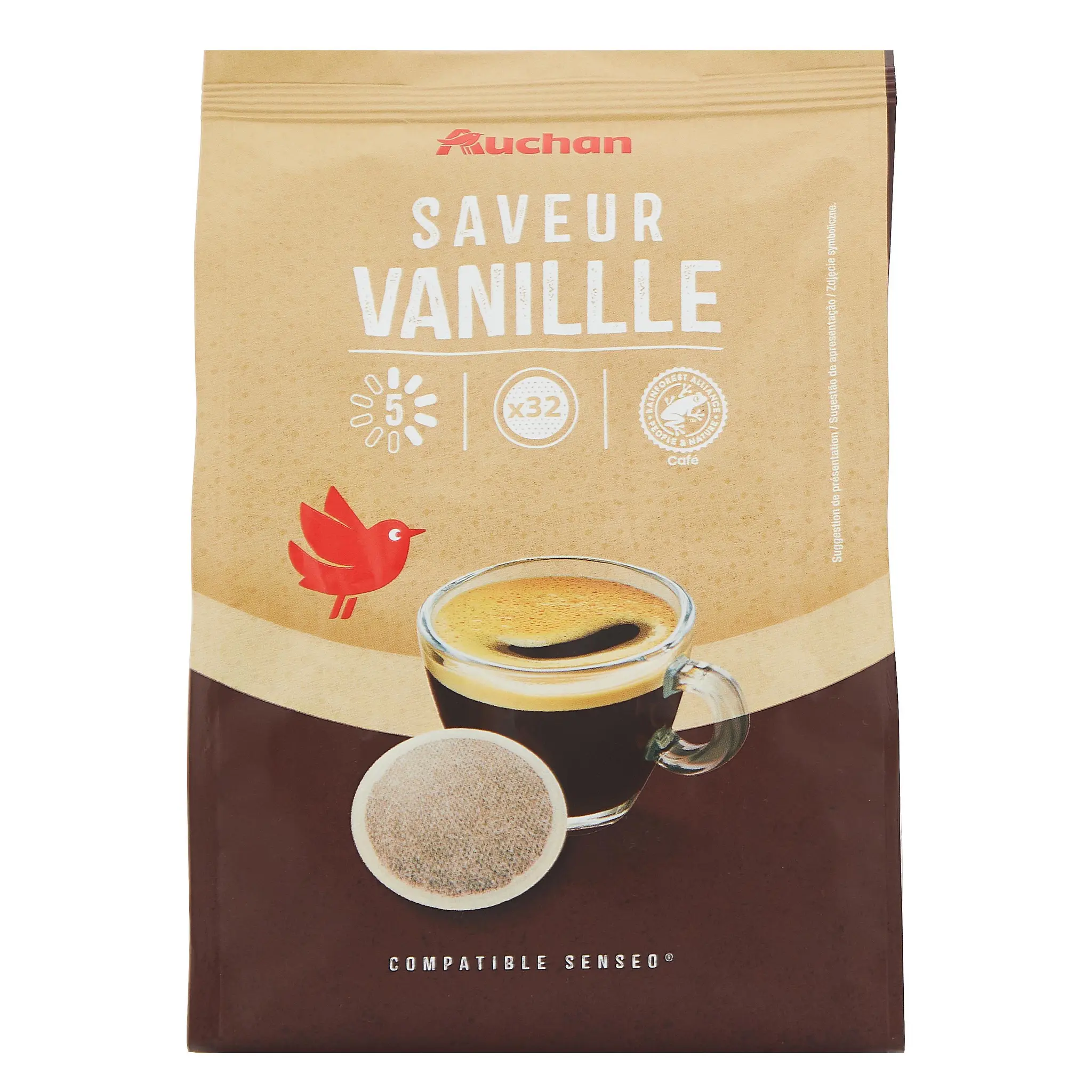 AUCHAN Dosettes de café saveur vanille intensité 5 compatibles Senseo
