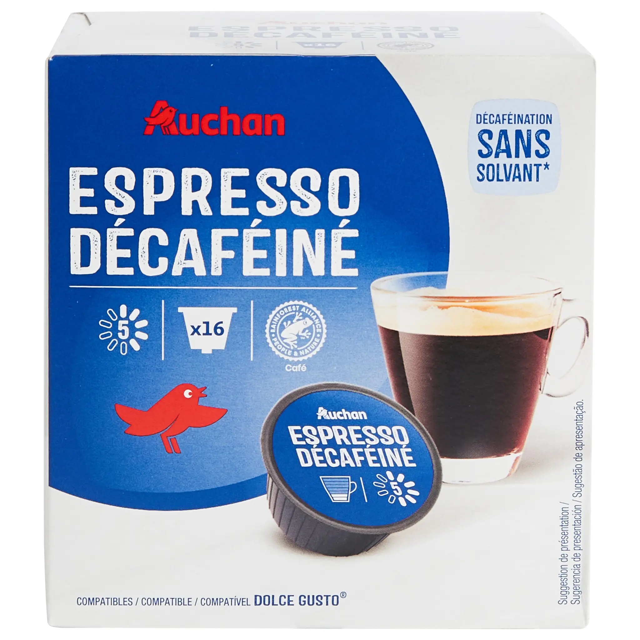 AUCHAN Capsules de café expresso décaféiné intensité 5 compatibles Dolce Gusto