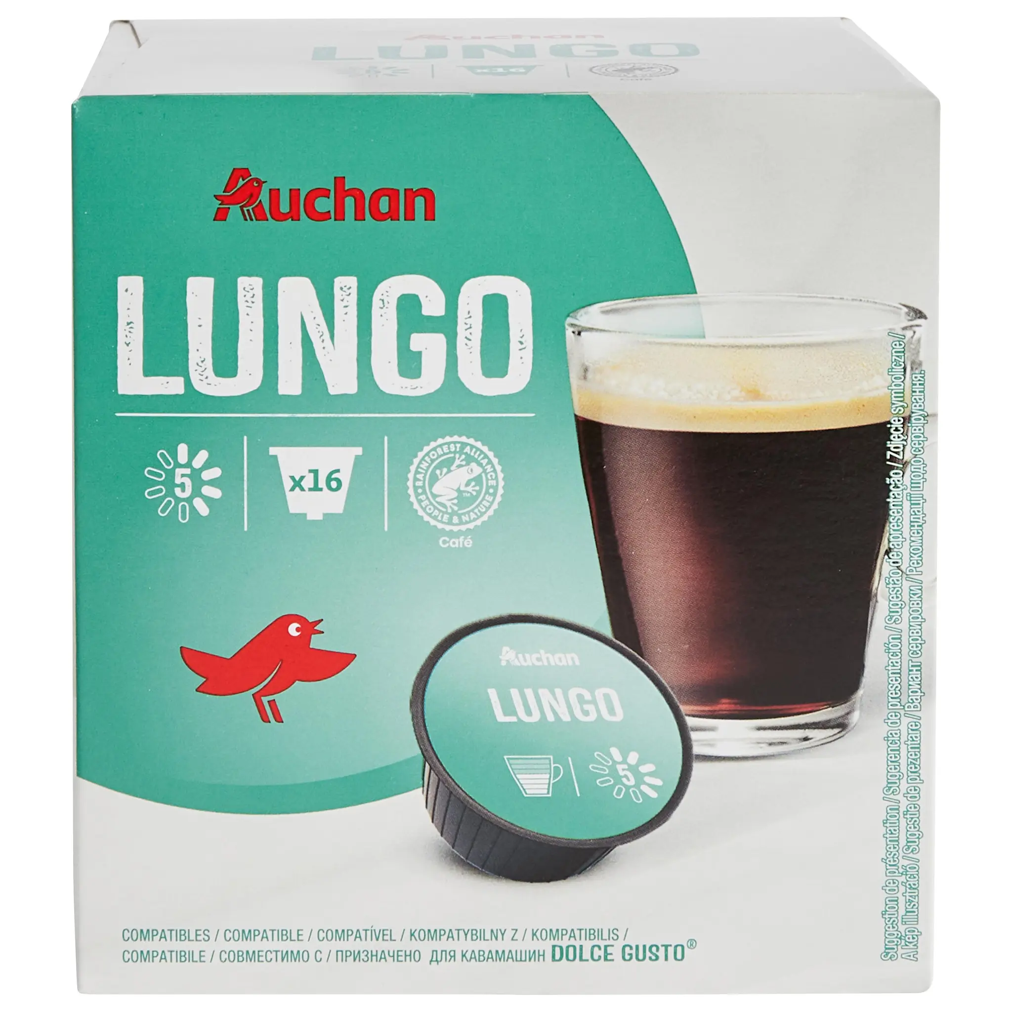 AUCHAN Capsules de café lungo intensité 5 compatibles Dolce Gusto