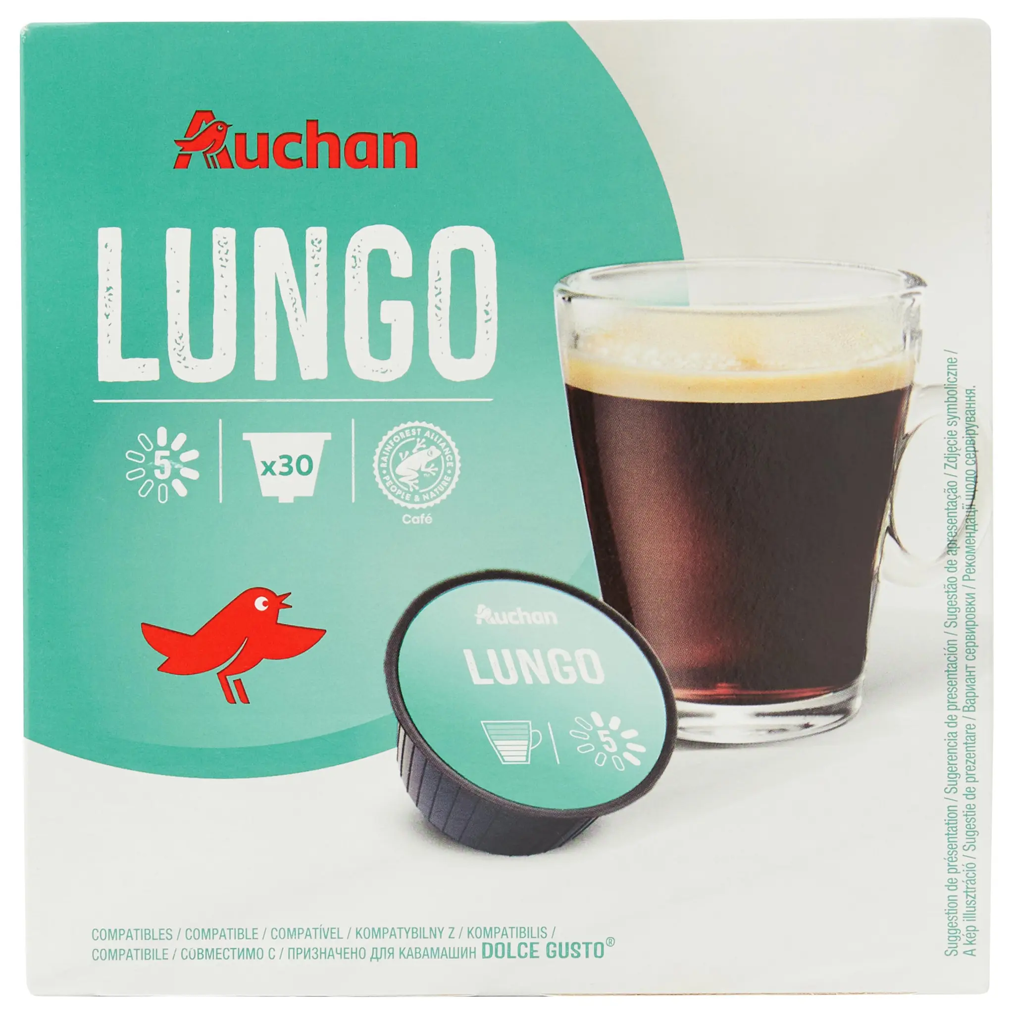 AUCHAN Capsules de café lungo intensité 5 compatibles Dolce Gusto