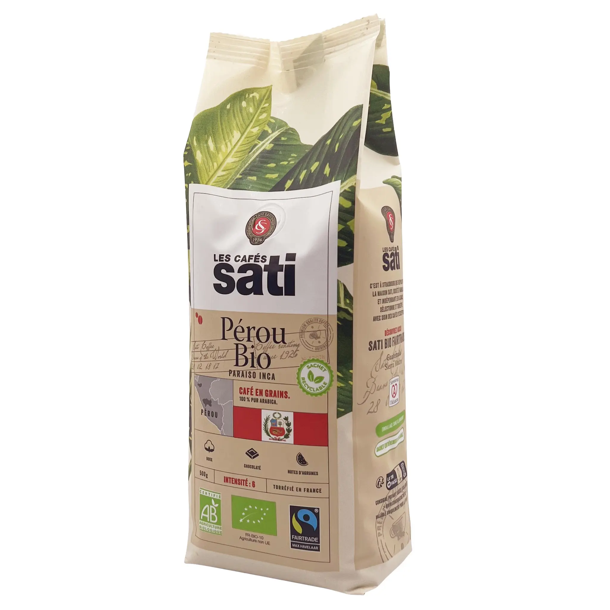 LES CAFES SATI Café en grains bio Pérou doux et chocolaté