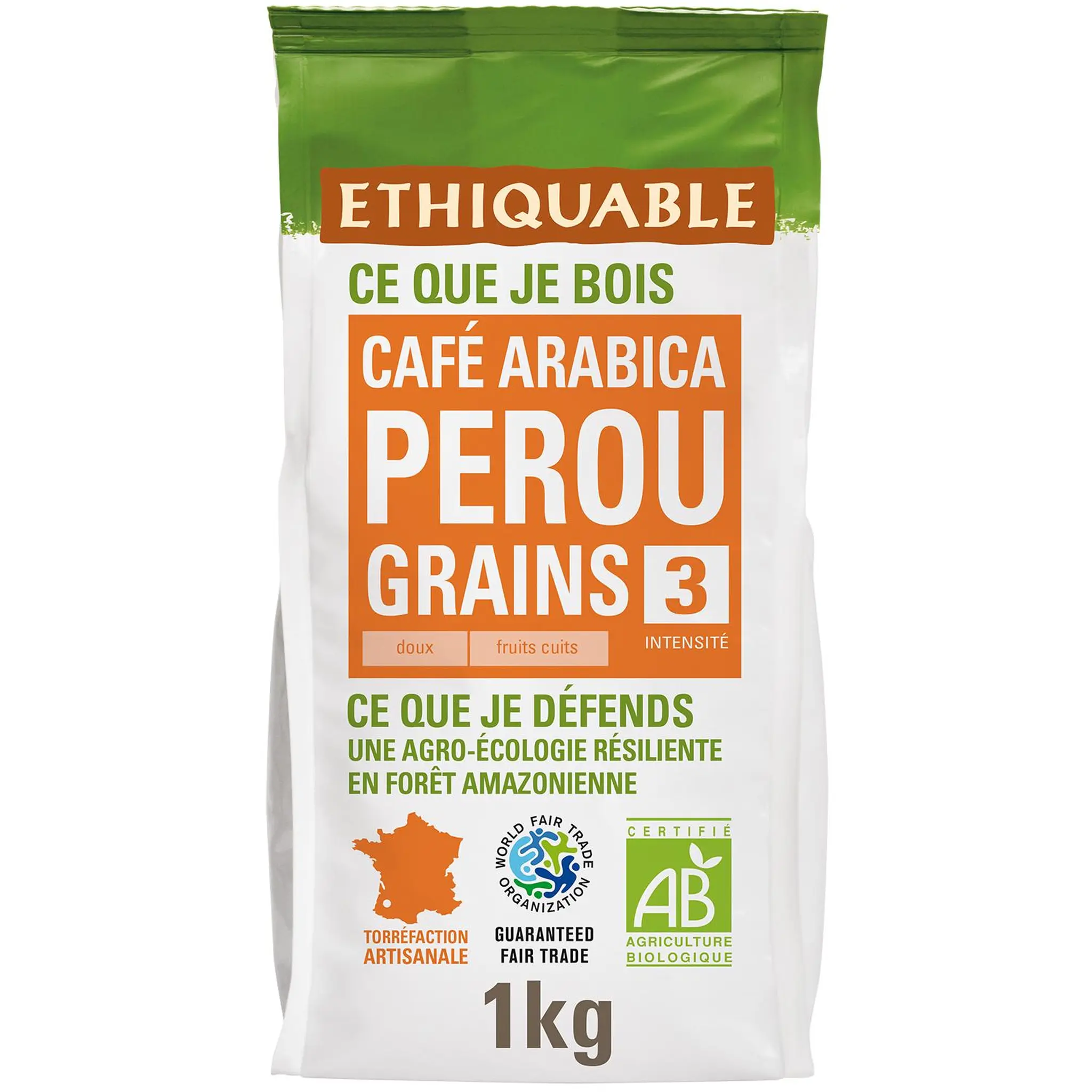 ETHIQUABLE Café en grain bio arabica Pérou intensité 2