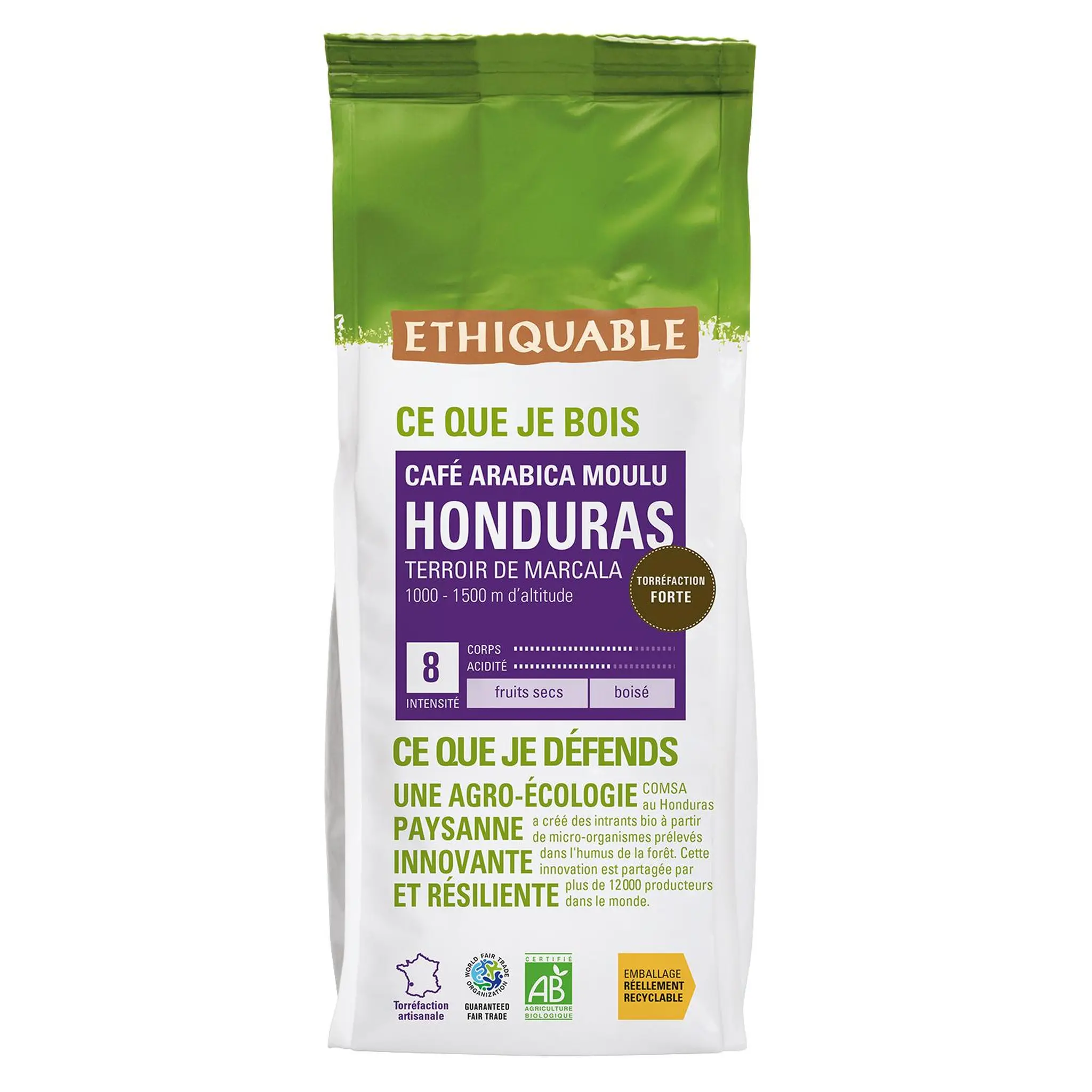 ETHIQUABLE Café moulu bio d'Honduras fruits secs boisé intensité 8