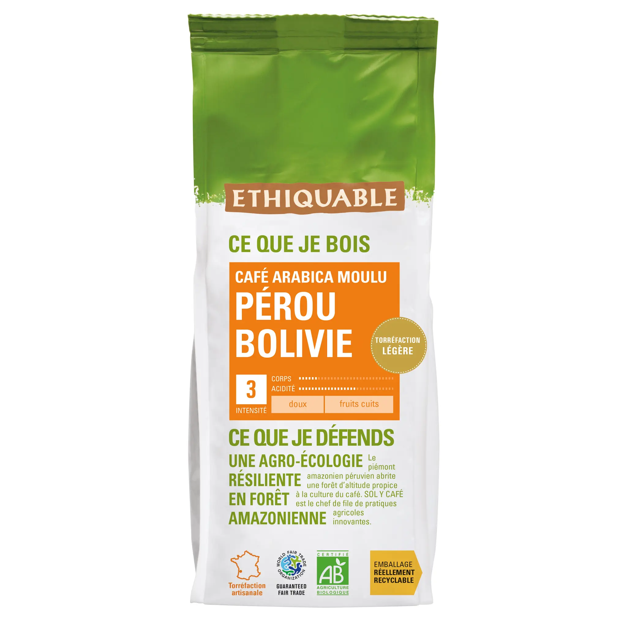 ETHIQUABLE Café bio moulu du Pérou doux fruits cuits intensité 3