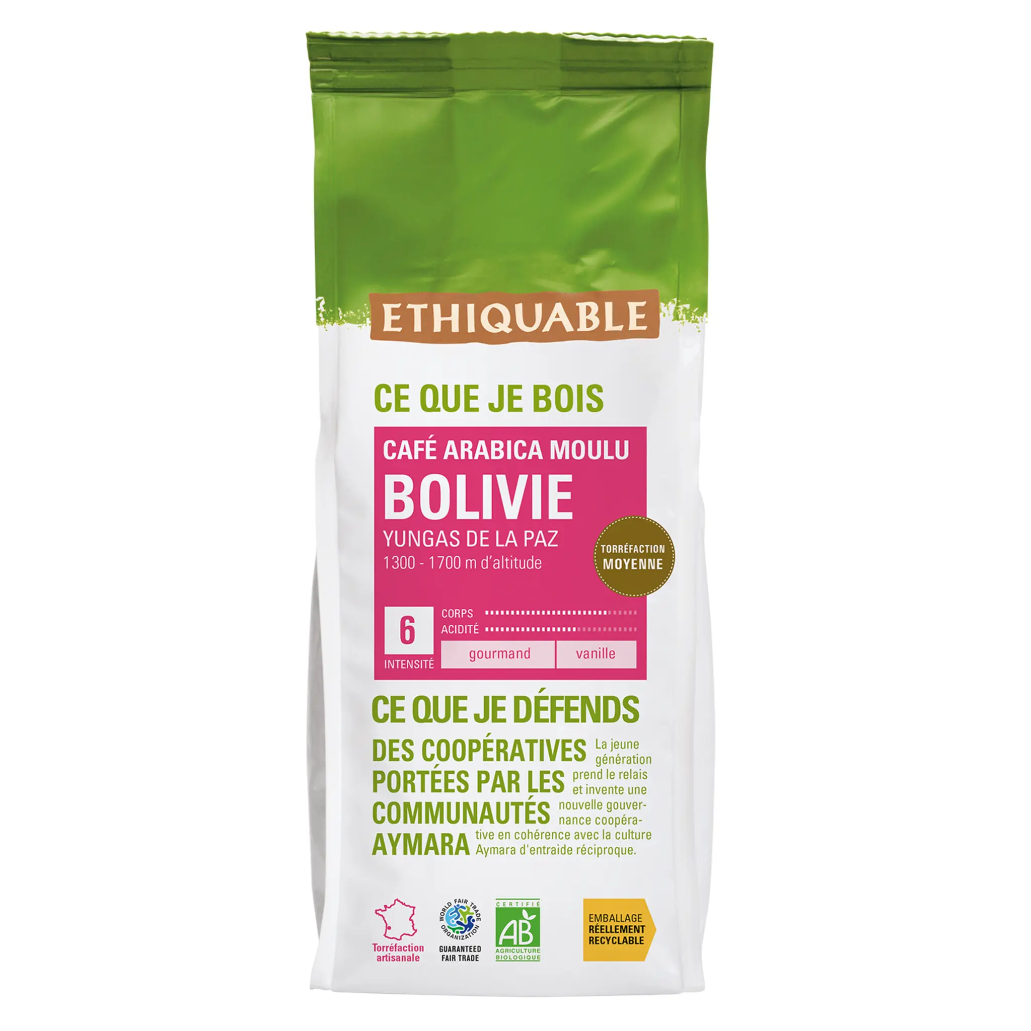 ETHIQUABLE Café moulu bio Bolivie gourmand vanille intensité 6