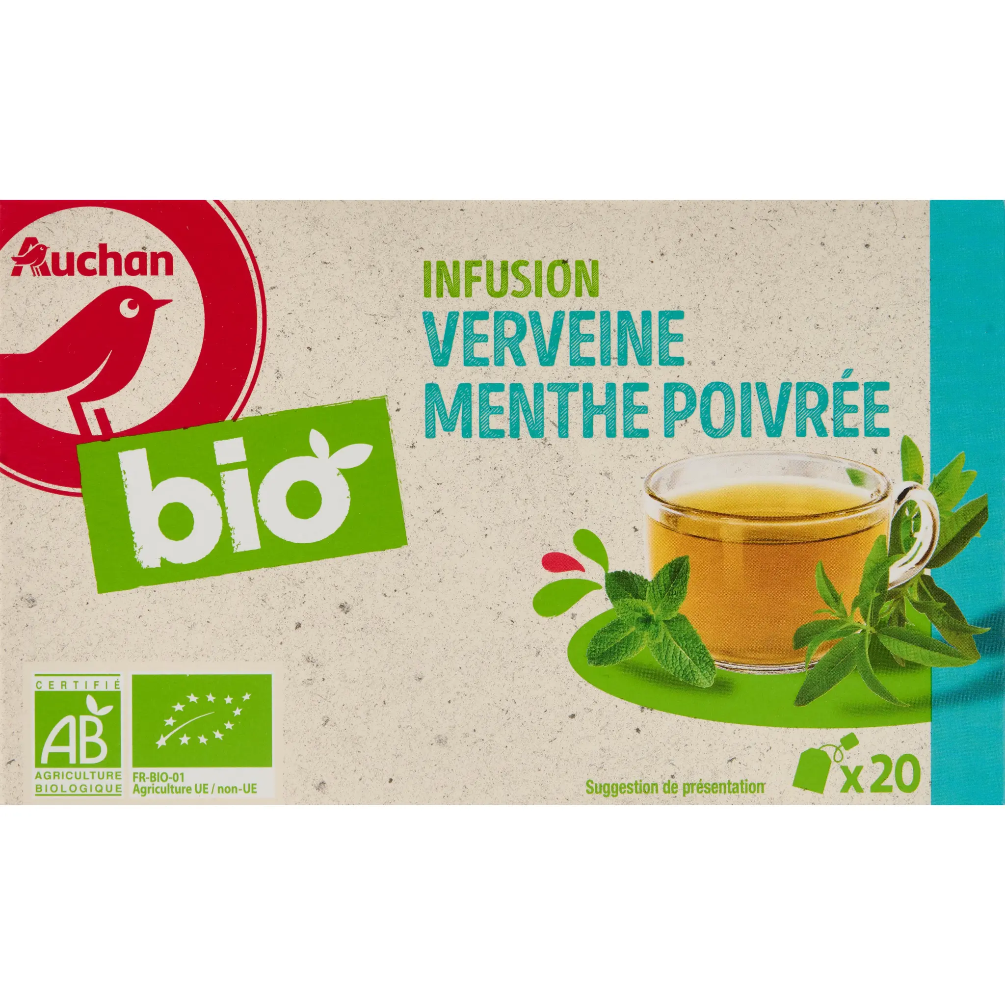 AUCHAN BIO Infusion au thé vert verveine et menthe poivrée