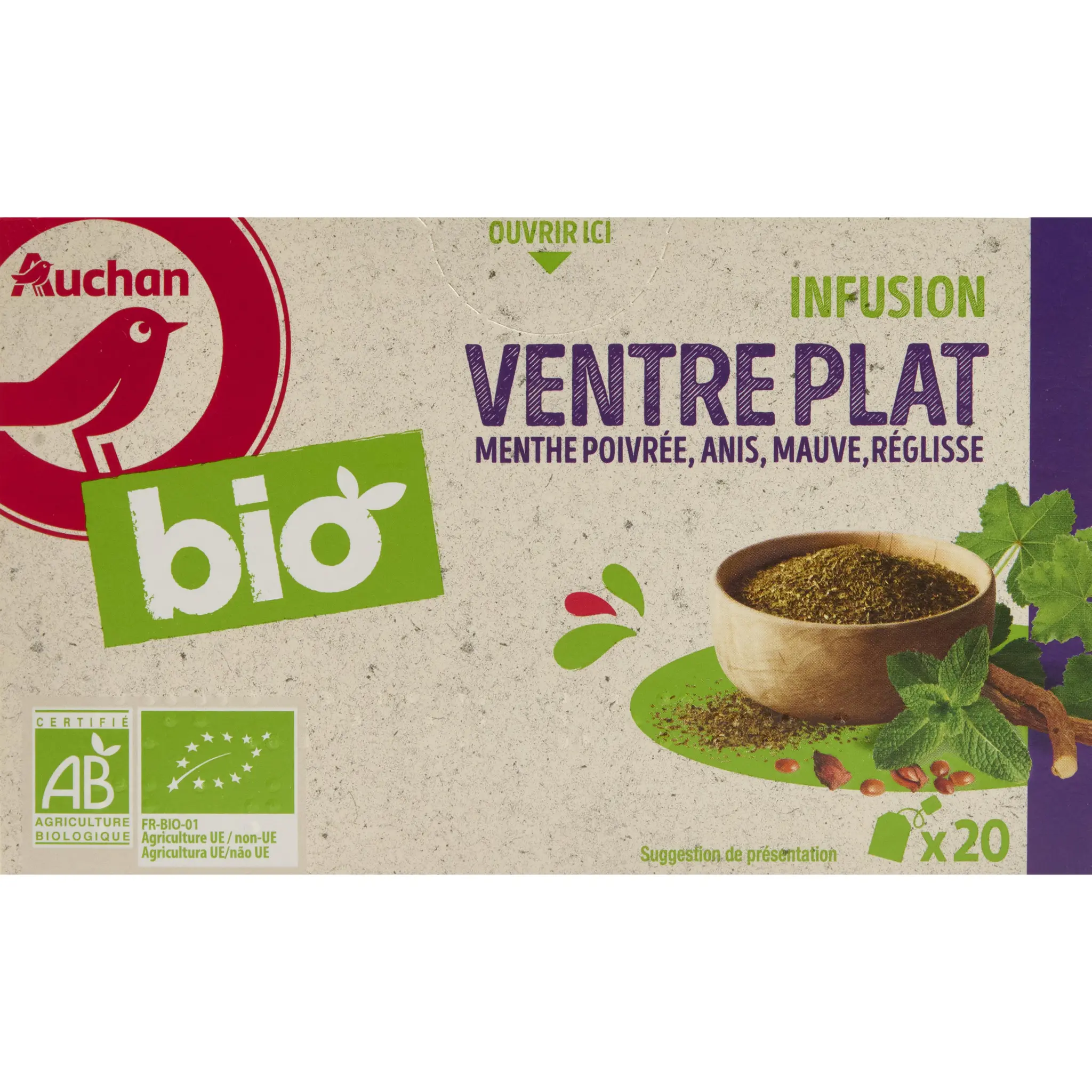 AUCHAN BIO Infusion ventre plat menthe poivrée anis mauve et réglisse