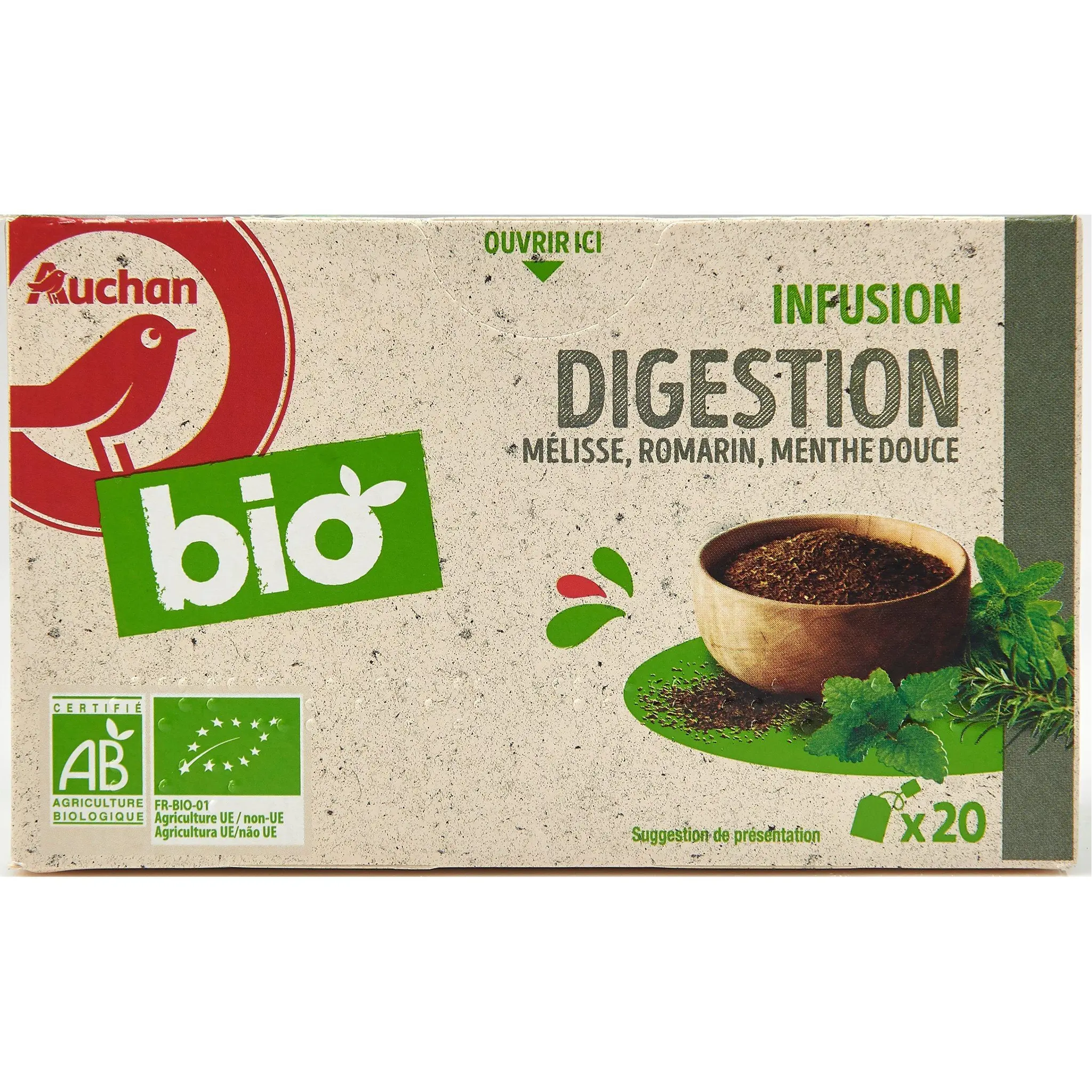 AUCHAN BIO Infusion digestion mélisse romarin menthe douce