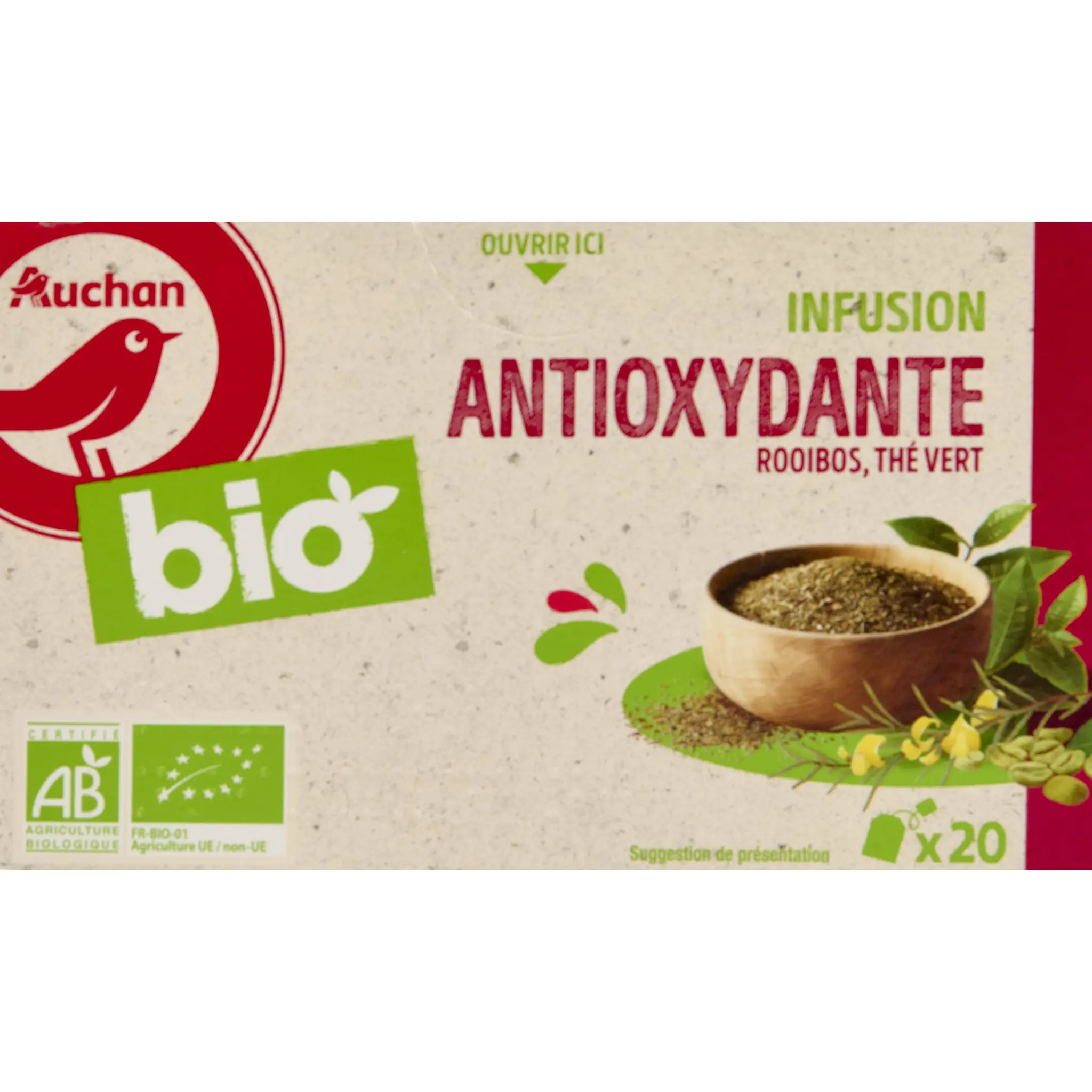 AUCHAN BIO Infusion antioxydante fleur de framboisier et thé vert