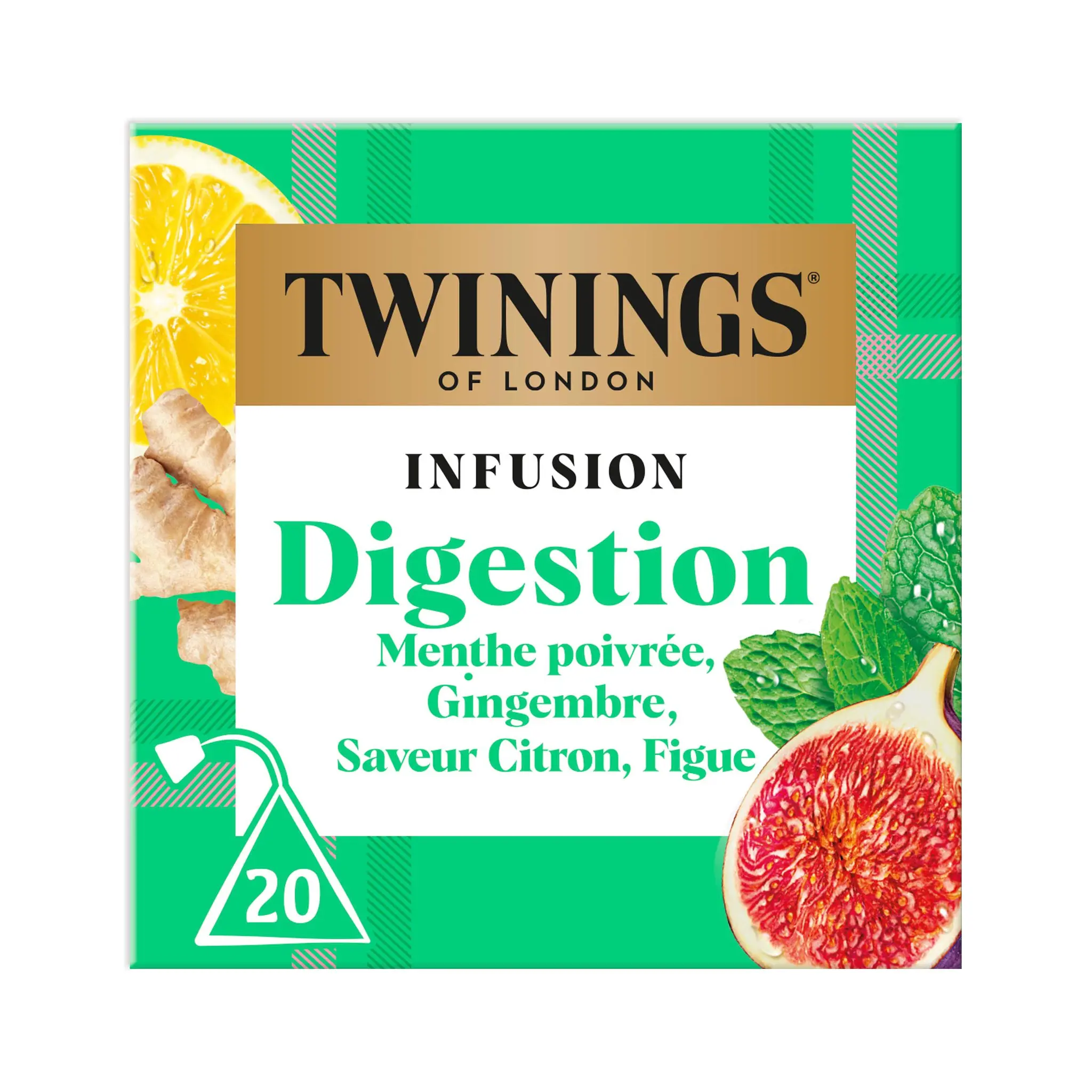 TWININGS Infusion Digestion à la menthe poivrée et gingembre saveur citron et figue