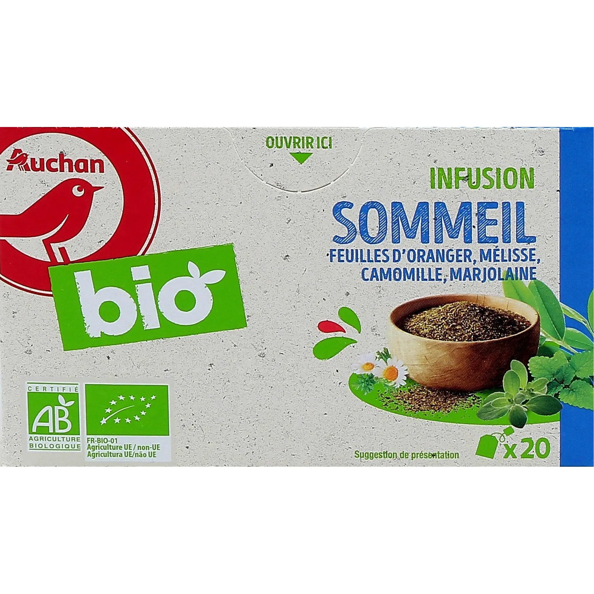 AUCHAN BIO Infusion sommeil feuilles d'oranger mélisse marjolaine