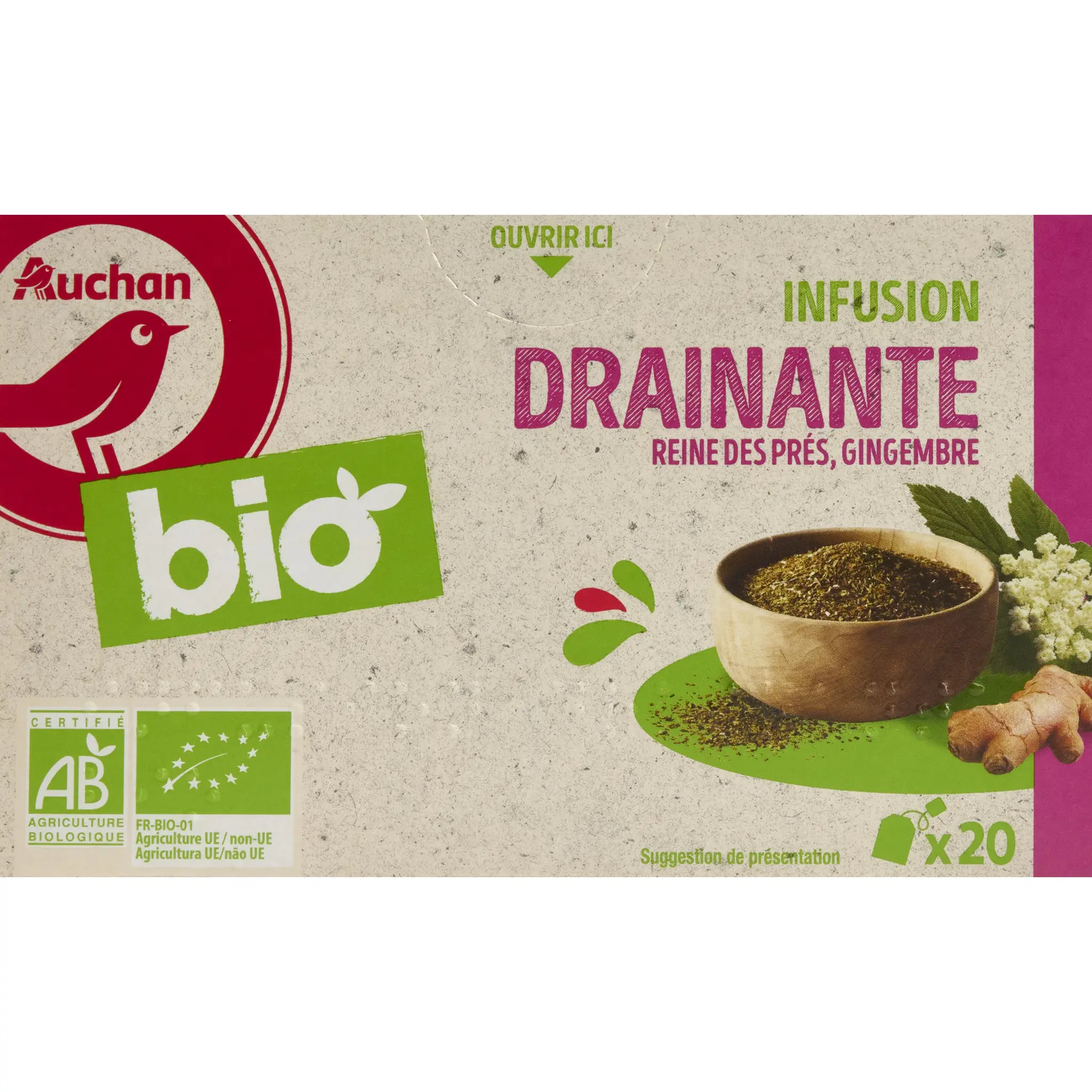 AUCHAN BIO Infusion drainante reine des prés framboisier et pissenlits