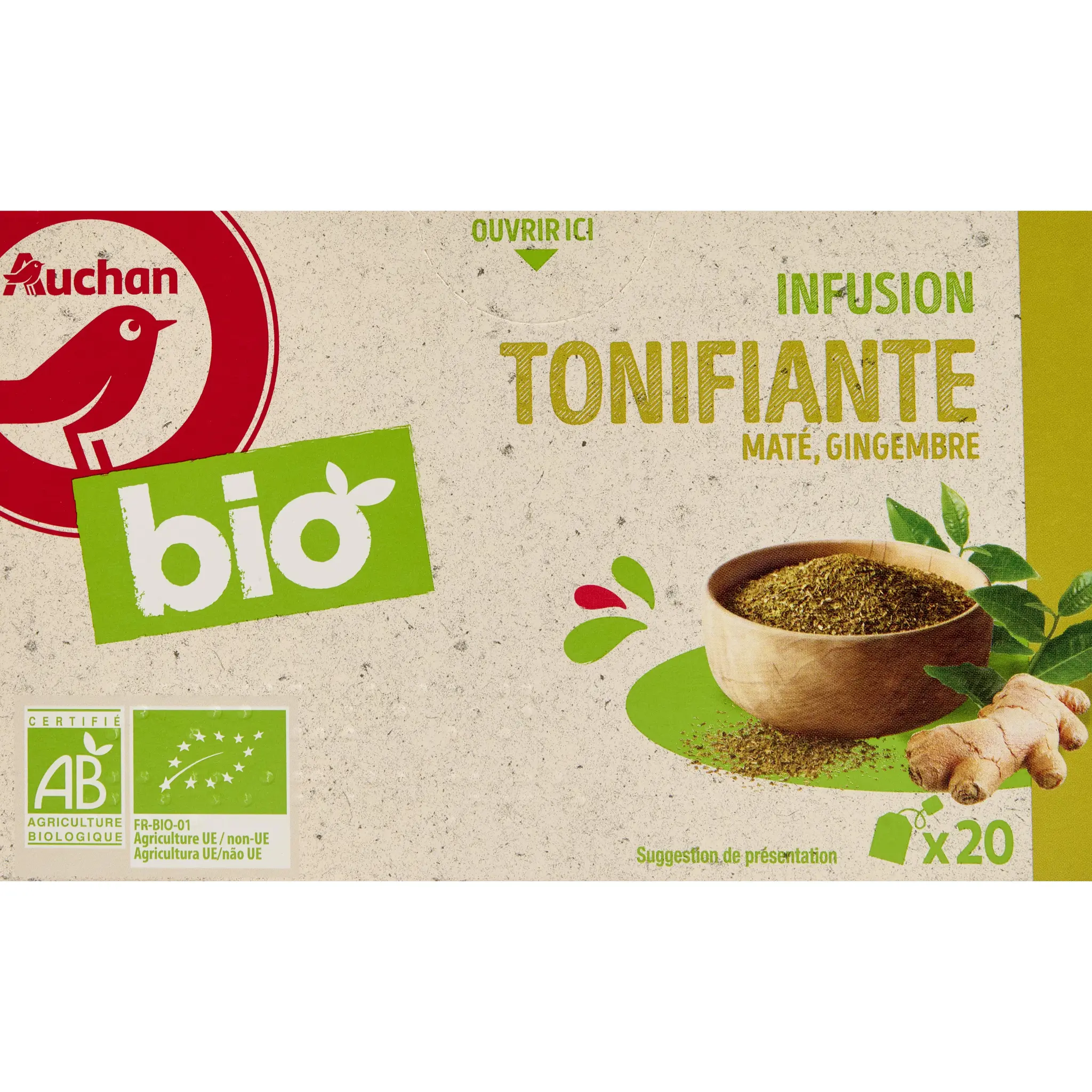 AUCHAN BIO Infusion tonifiante maté et gingembre