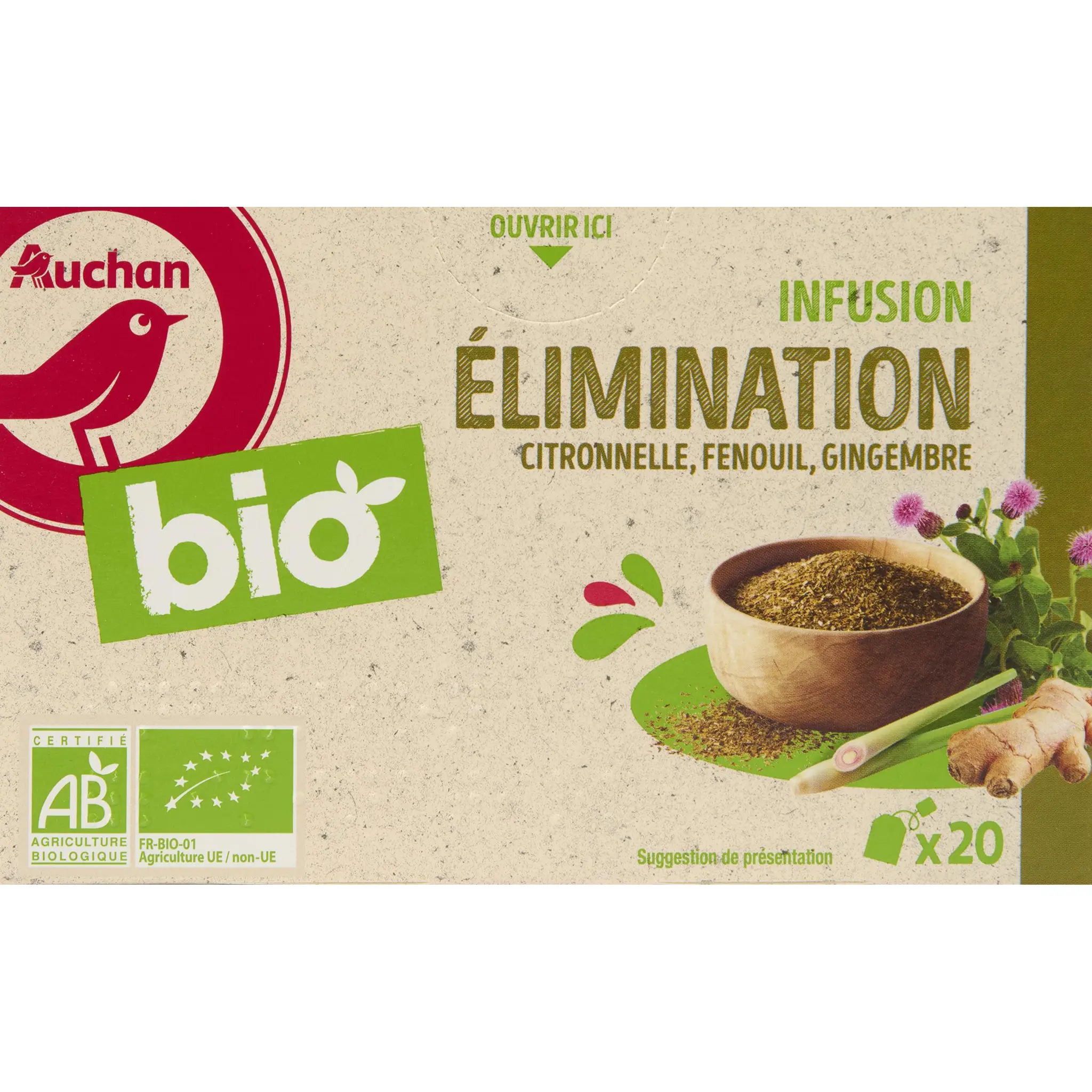 AUCHAN BIO Infusion élimination citronnelle fenouil et gingembre