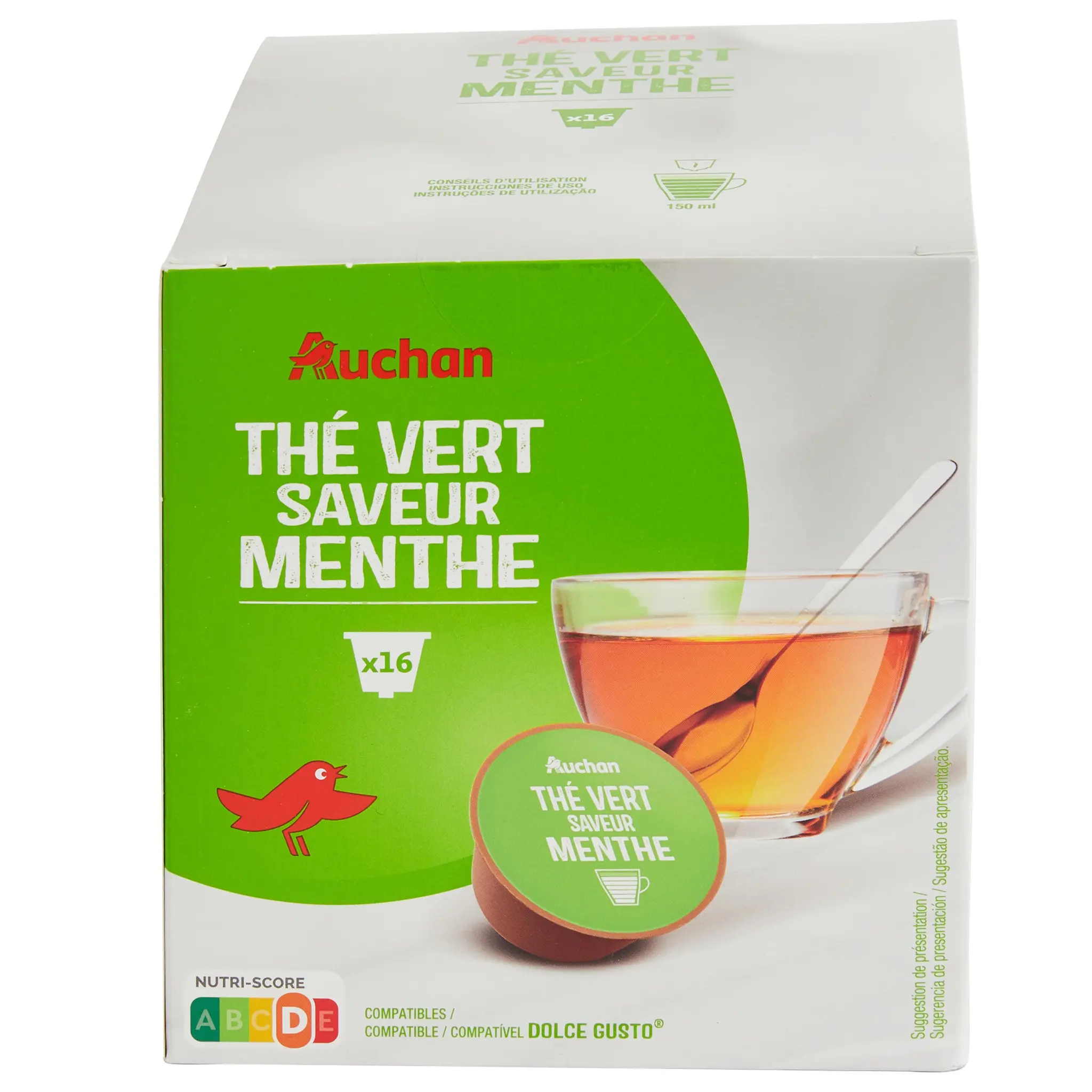 AUCHAN Capsules de thé vert saveur menthe compatibles Dolce Gusto