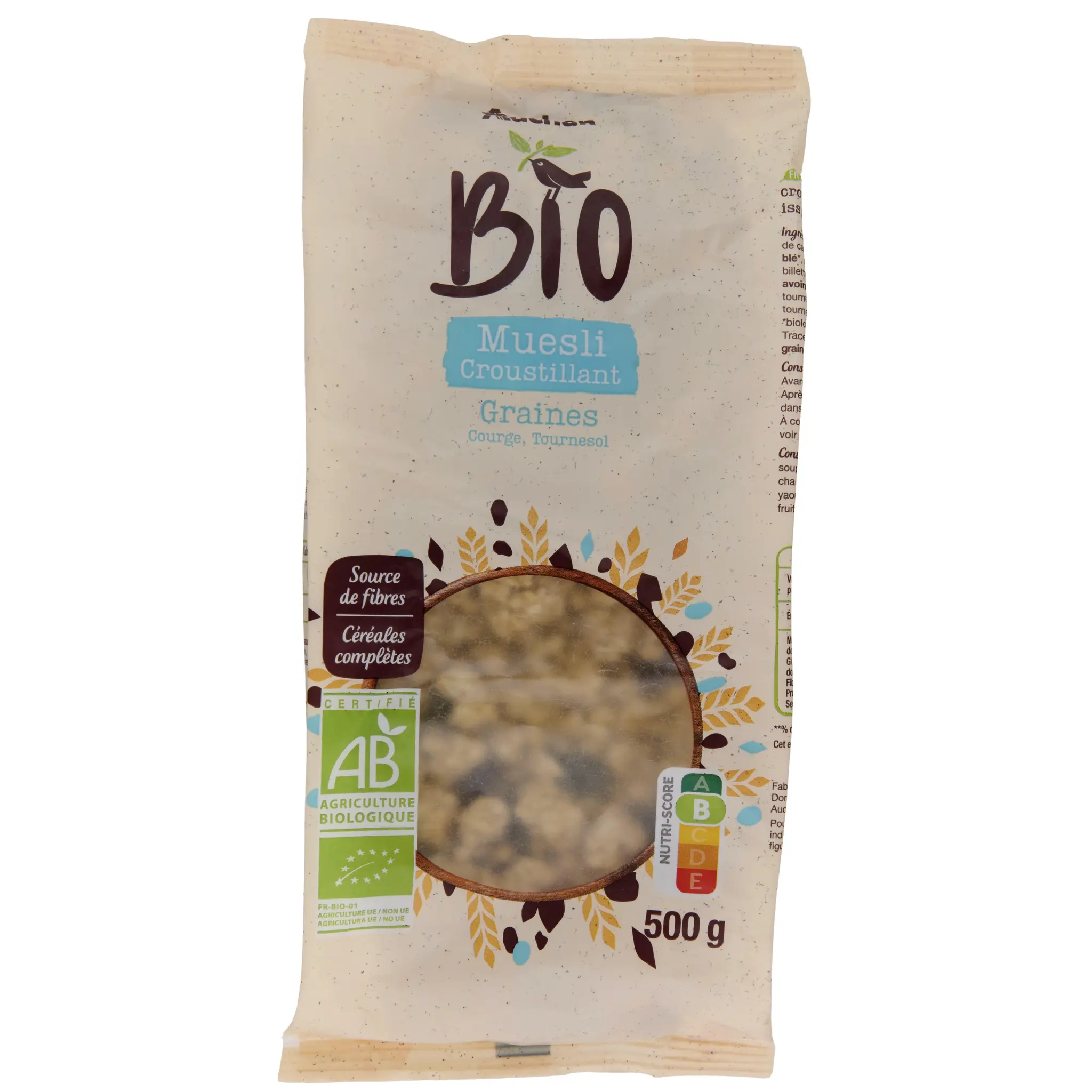 AUCHAN BIO Muesli de céréales croustillant aux graines de courge et tournesol