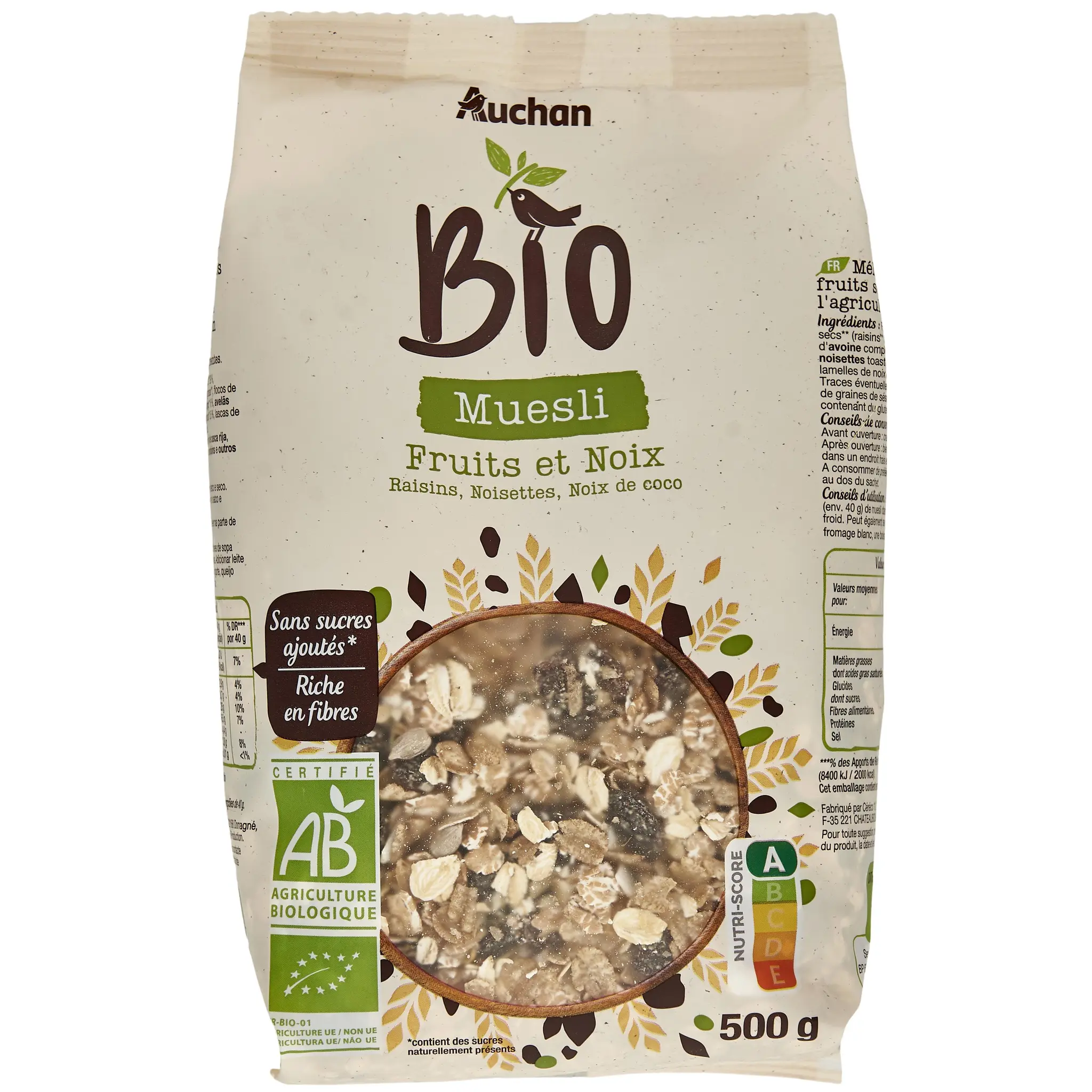 AUCHAN BIO Muesli avec fruits et noix raisins noisettes noix de coco