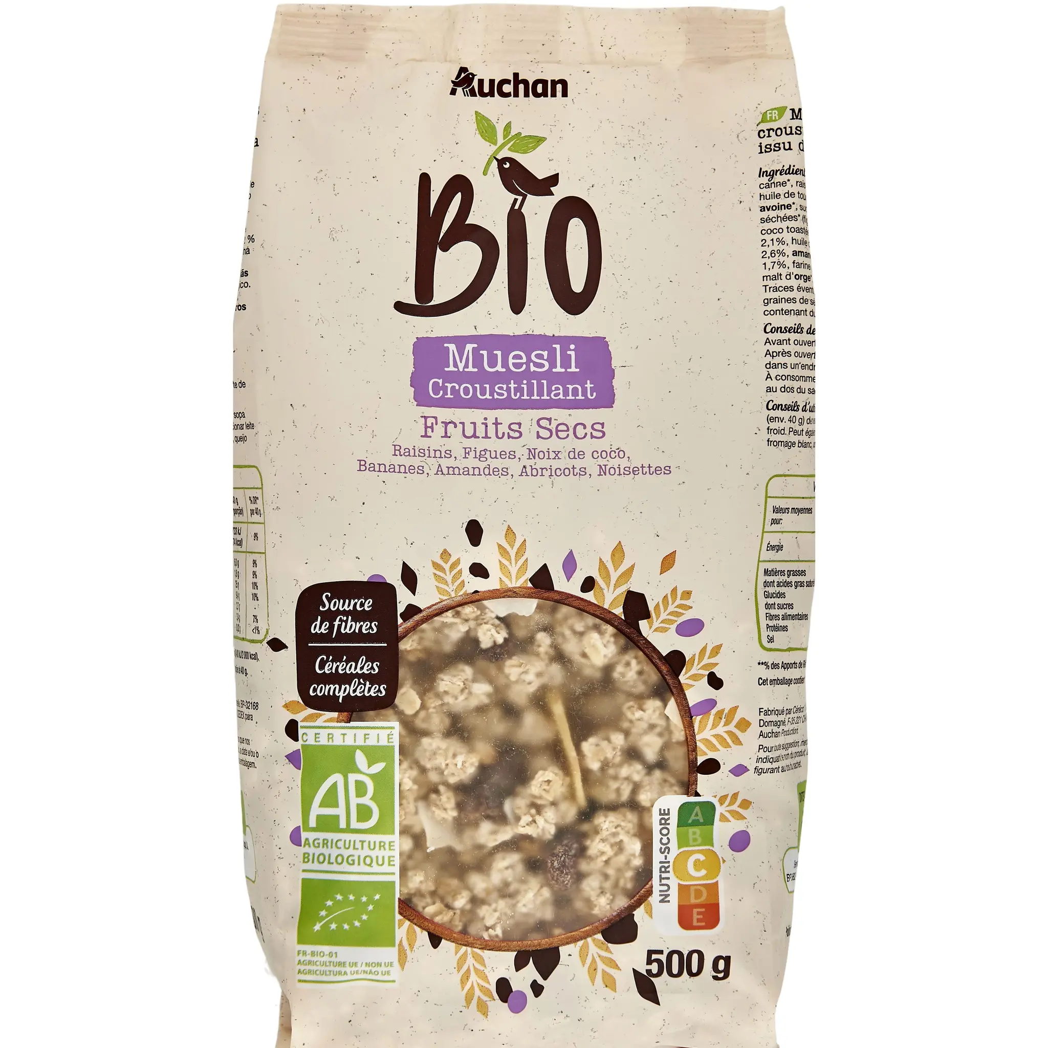 AUCHAN BIO Muesli de céréales croustillant aux fruits secs