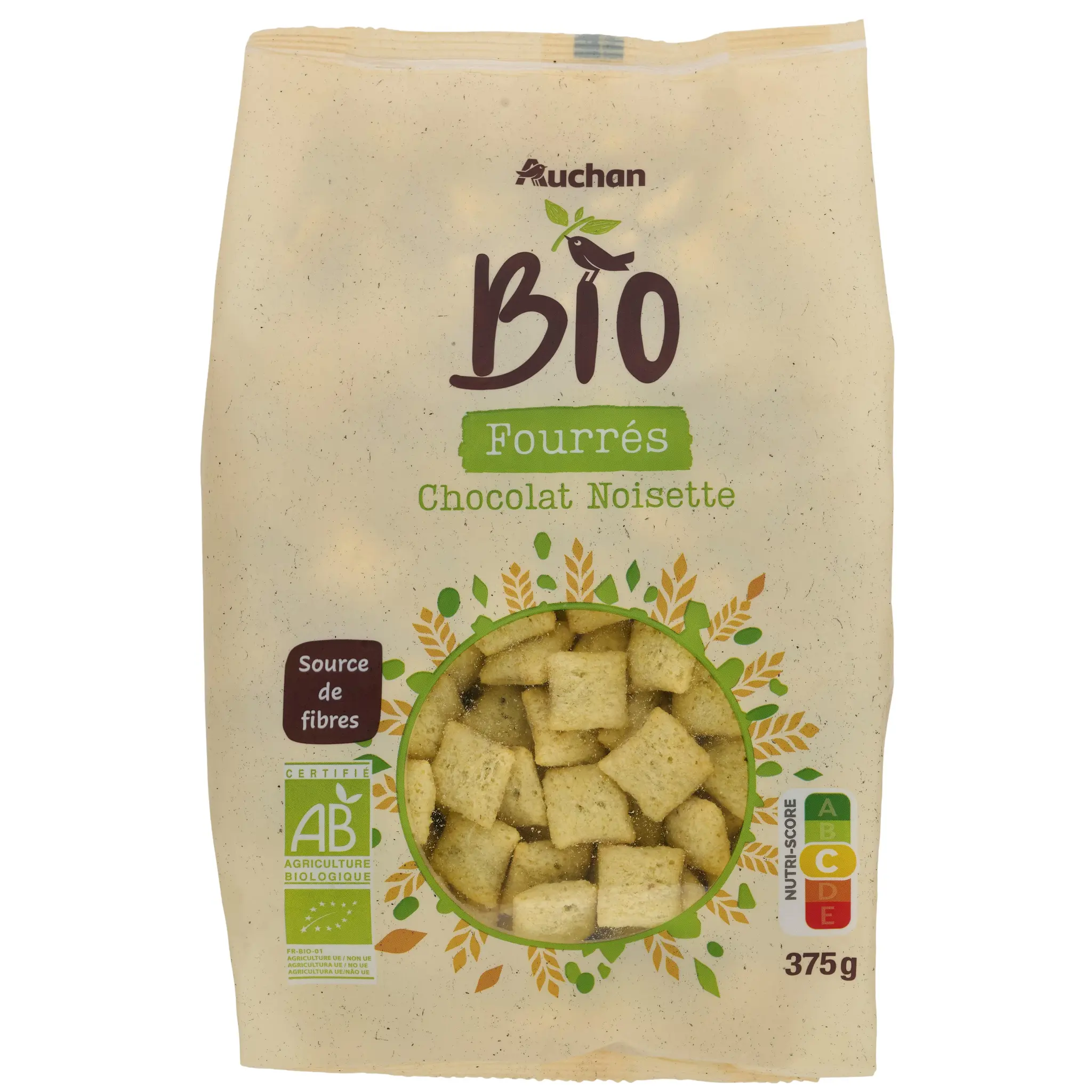 AUCHAN BIO Céréales coussins fourrés chocolat noisette