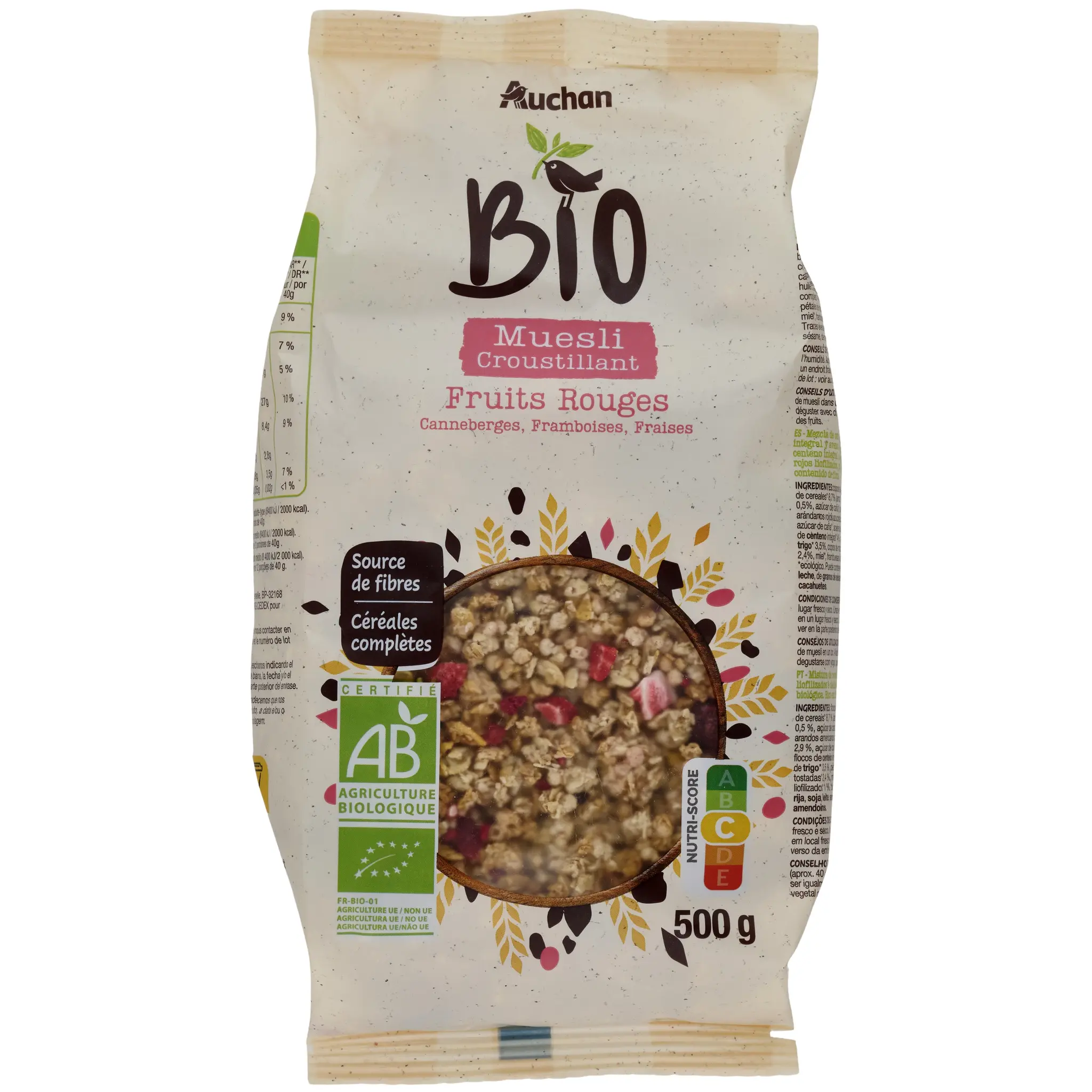 AUCHAN BIO Muesli croustillant avec des fruits rouges canneberges framboises et fraises