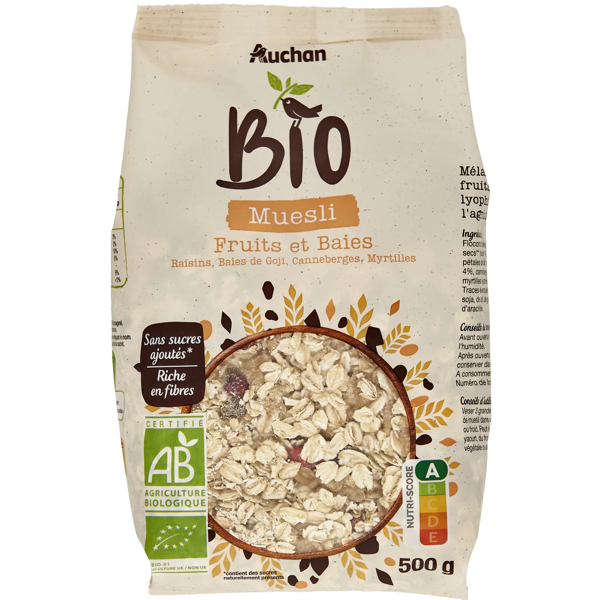 AUCHAN BIO Muesli fruits et baies raisins baies de goji canneberges myrtilles