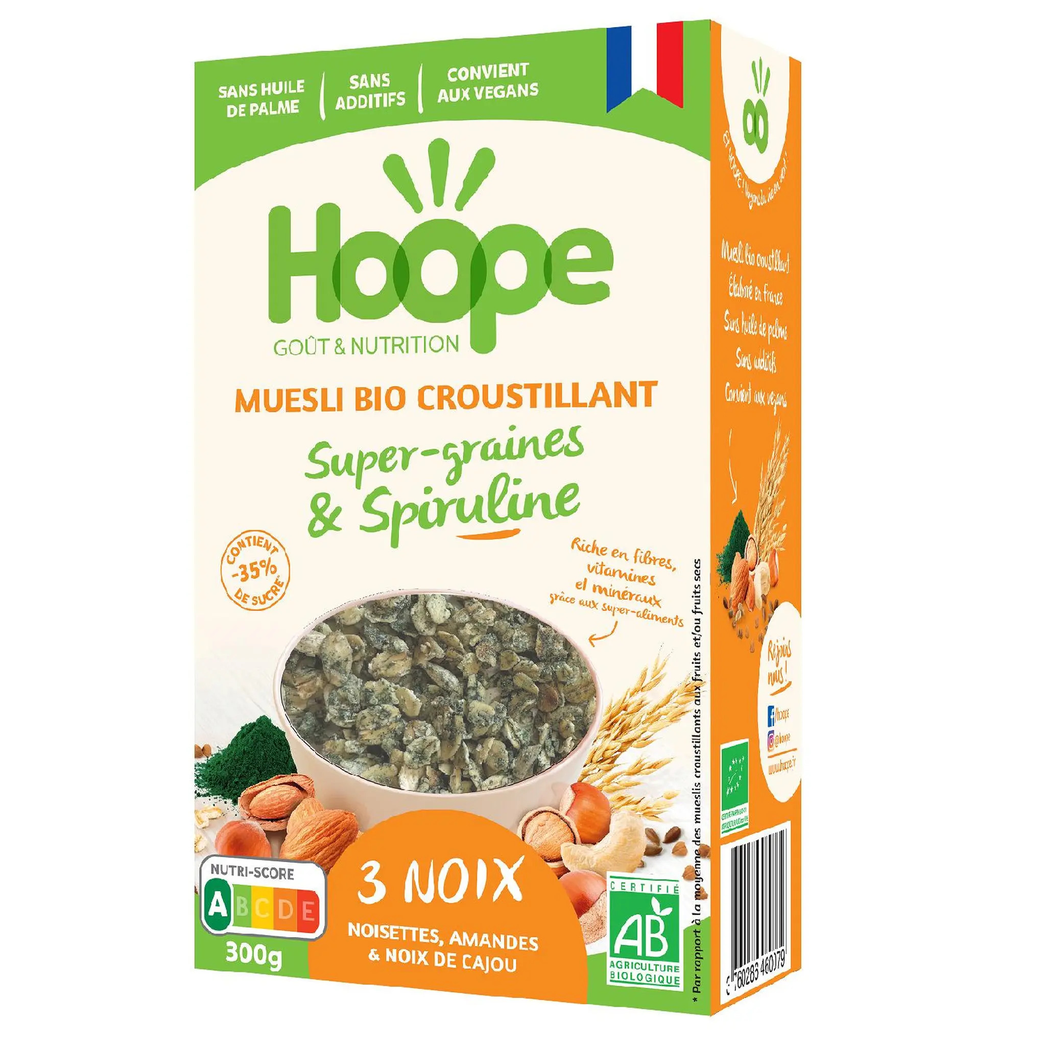 HOOPE Muesli bio croustillant super graines et spiruline aux 3 noix