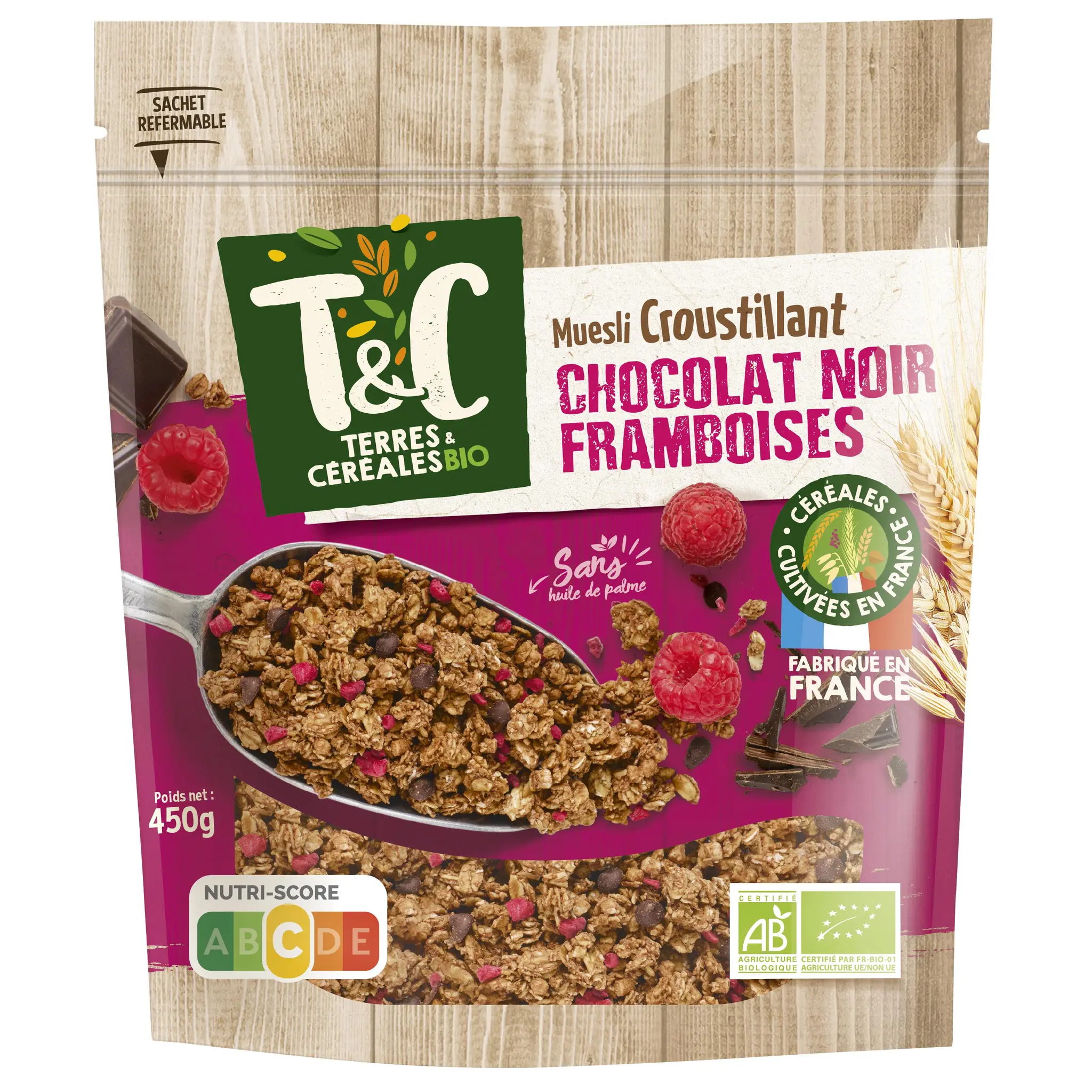 TERRES ET CEREALES Muesli croustillant au chocolat noir et framboises bio